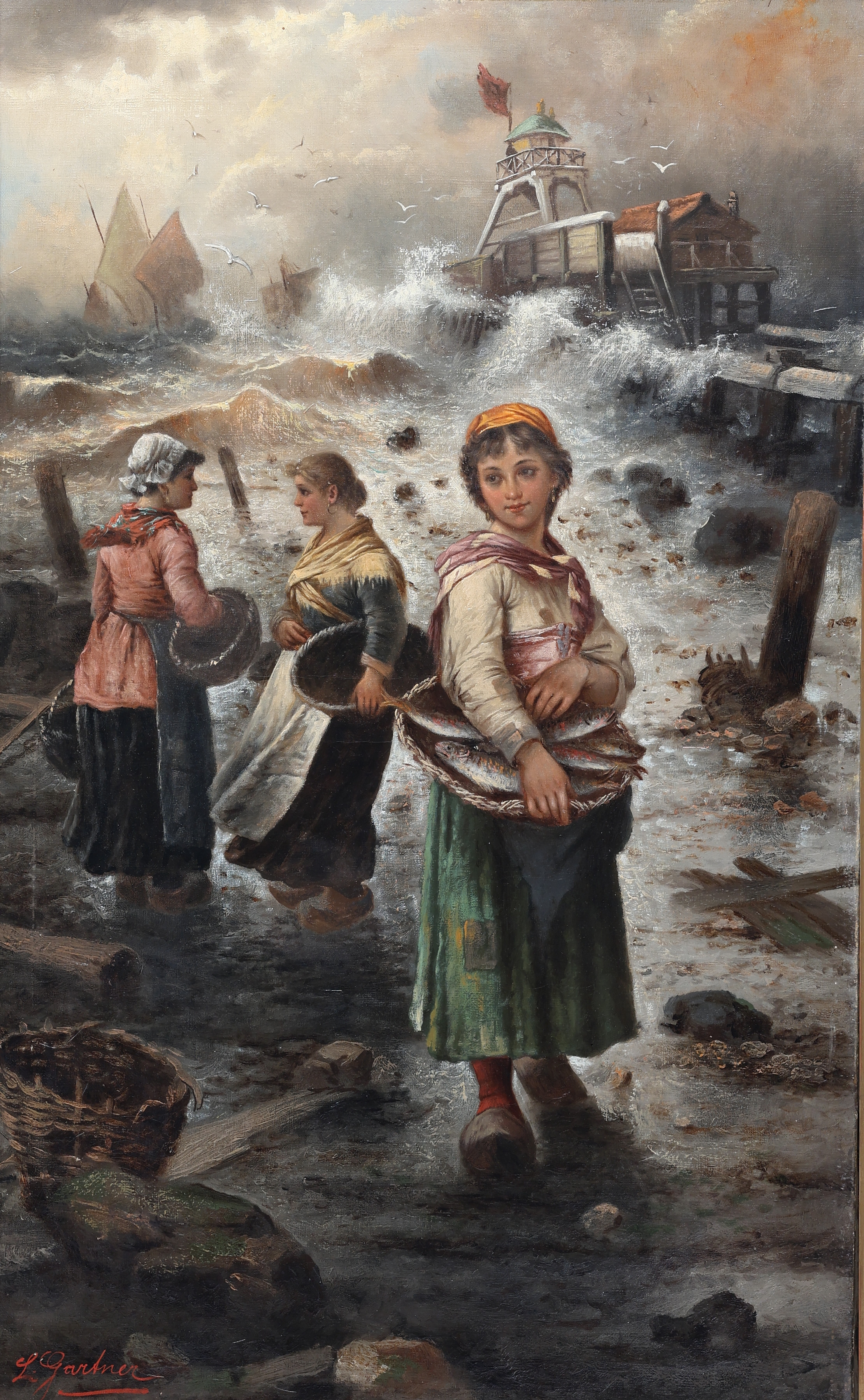 LOUIS GARTNER. Olja på duk, "Holländische Fishermädchen", signerad.