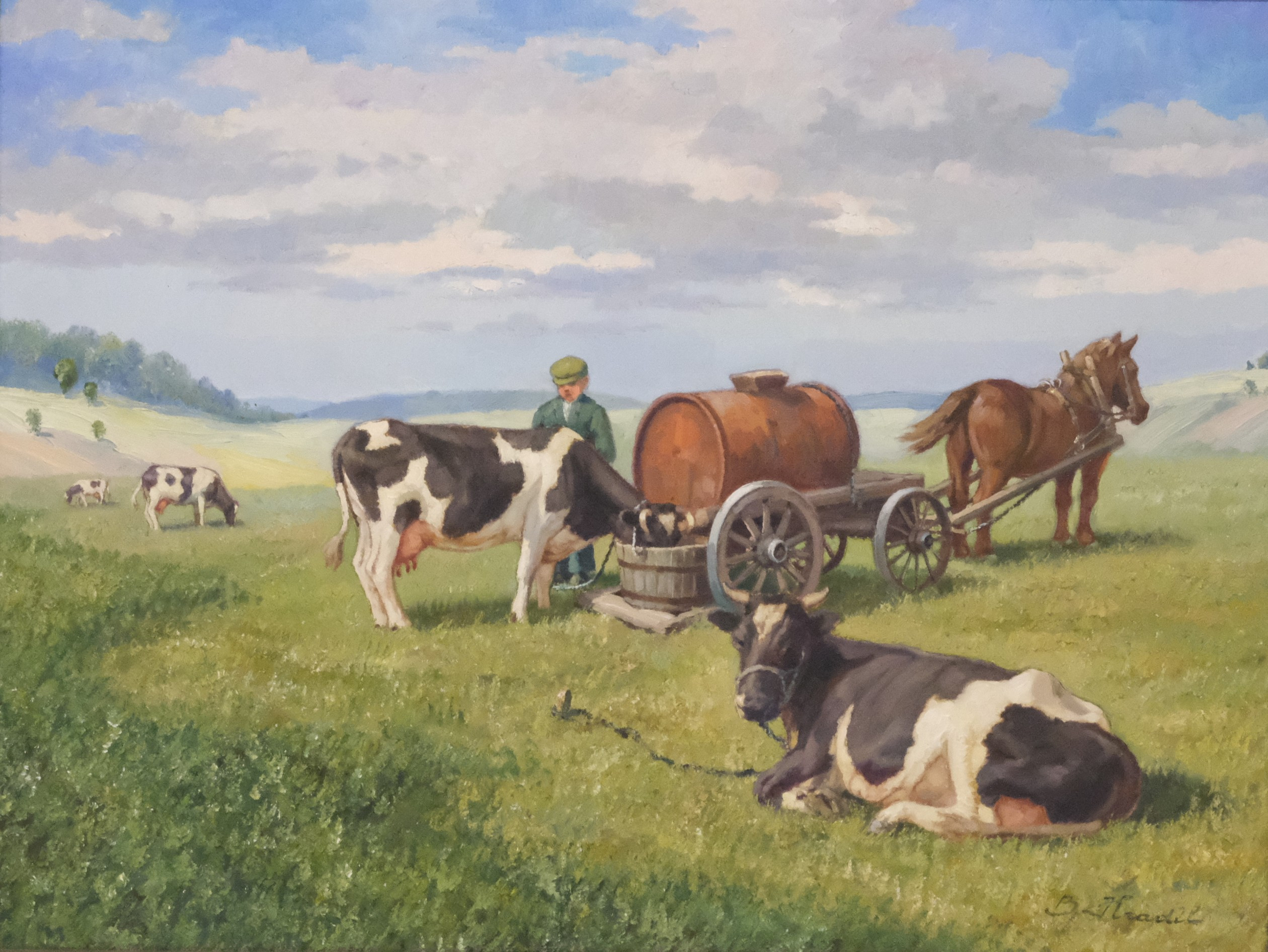 BELA HRADIL. BEVATTNING AV BOSKAP PÅ SOMMARÄNG, OLJA PÅ DUK.