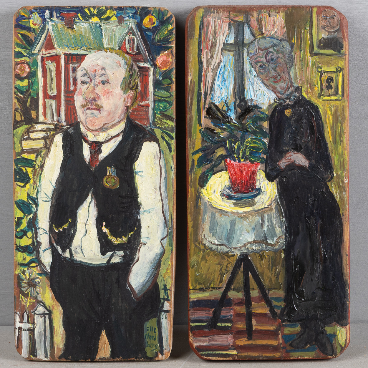 OLLE NORDBERG. Man i väst samt kvinna vid fönster, 2 stycken oljor på träpannå.