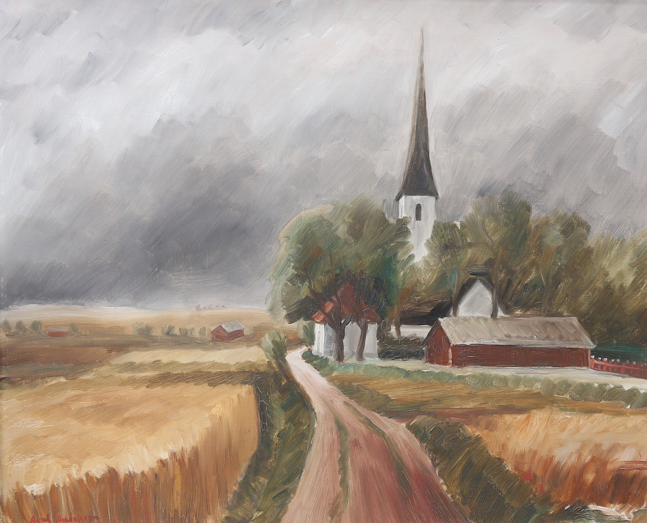 AXEL ANDERSSON. Olja på pannå, "Kaga Kyrka", signerad.