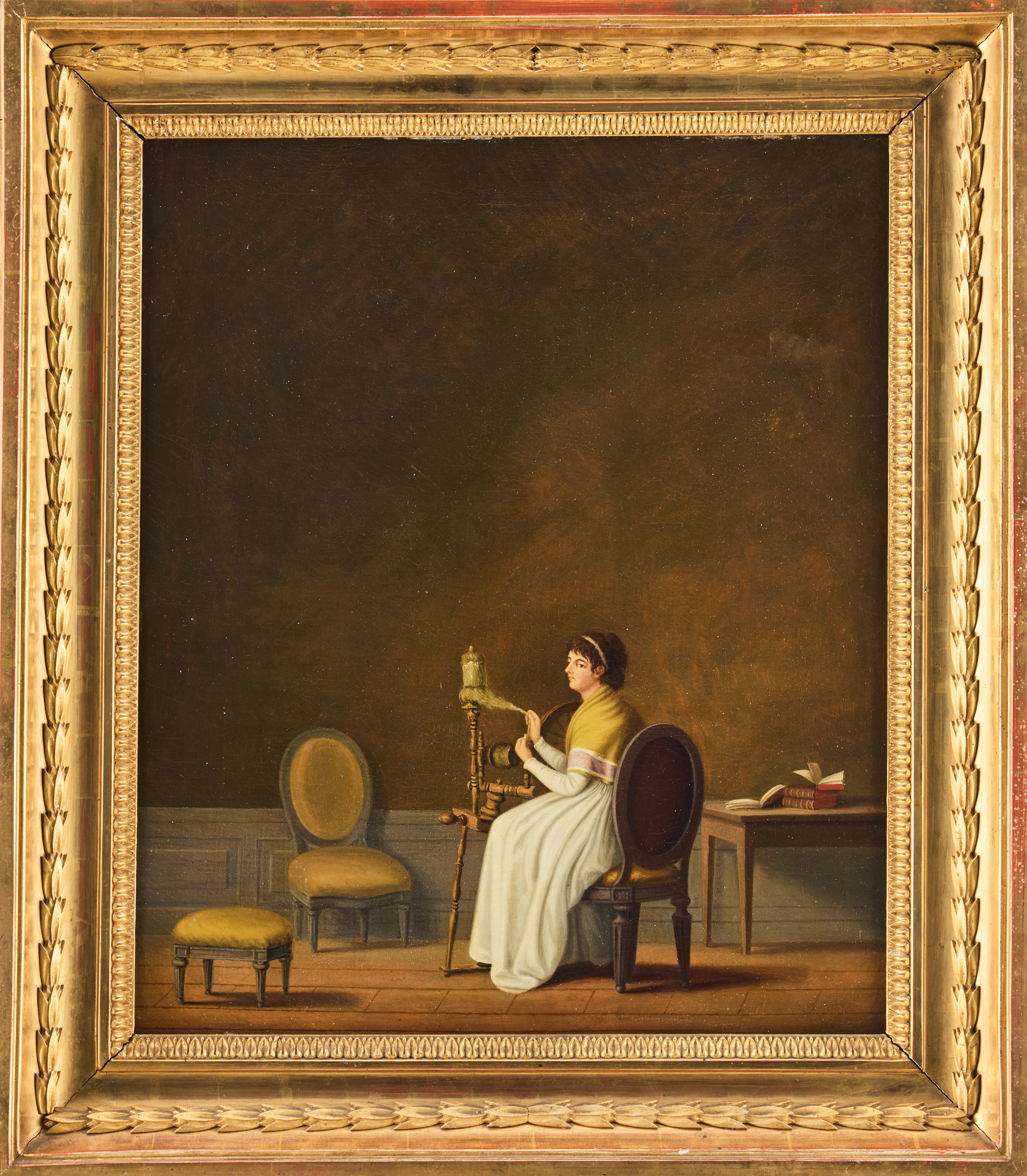 JOHAN MAGNUS HÄRSTEDT (1781-1841). Gustaviansk interiör med spinnerska.