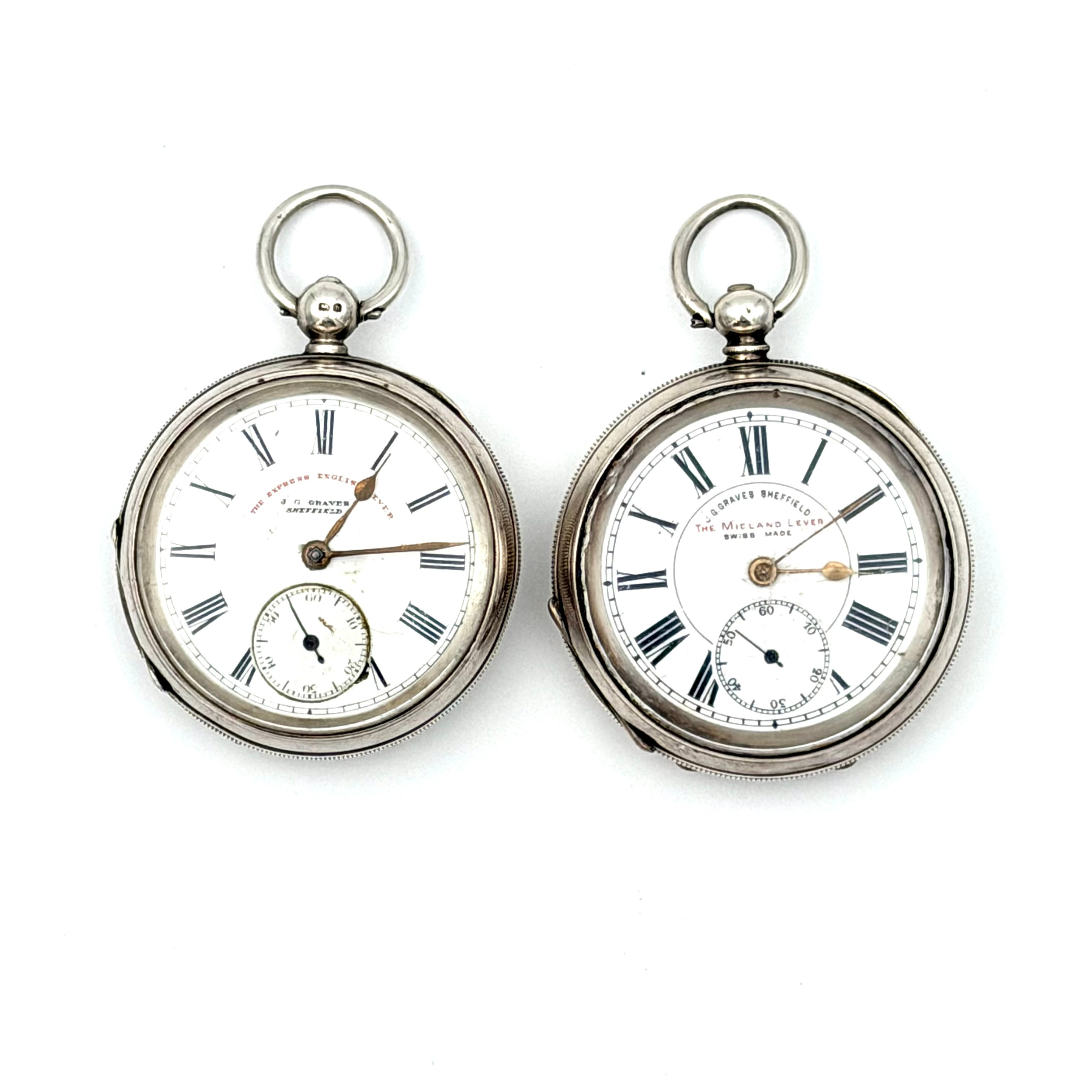 FICKUR, 2 st, silver, nyckeldragare, varav: "The Midland Lever", subsekund, urtavla märkt "J.G Graves, Sheffield", "Swiss made", silver/935, fasettslipat glas.
