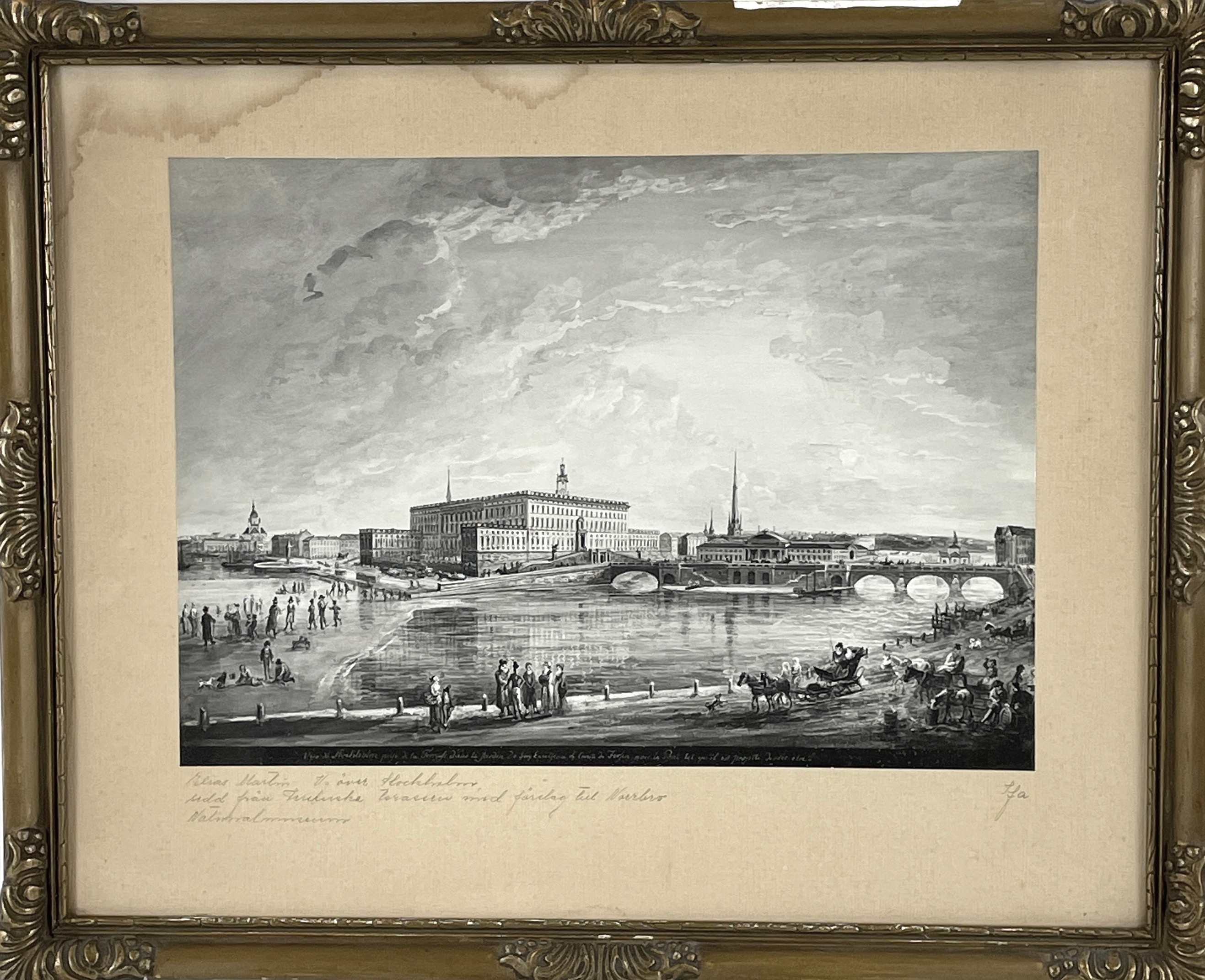 ELIAS MARTIN. EFTER. Reproduktionstryck efter original av Elias Martin (1739-1818), stämpelmärkt Nationalmuseum, "Vy över Stockholm, sedd från Fersenska terrassen med förslag till Norrbro".