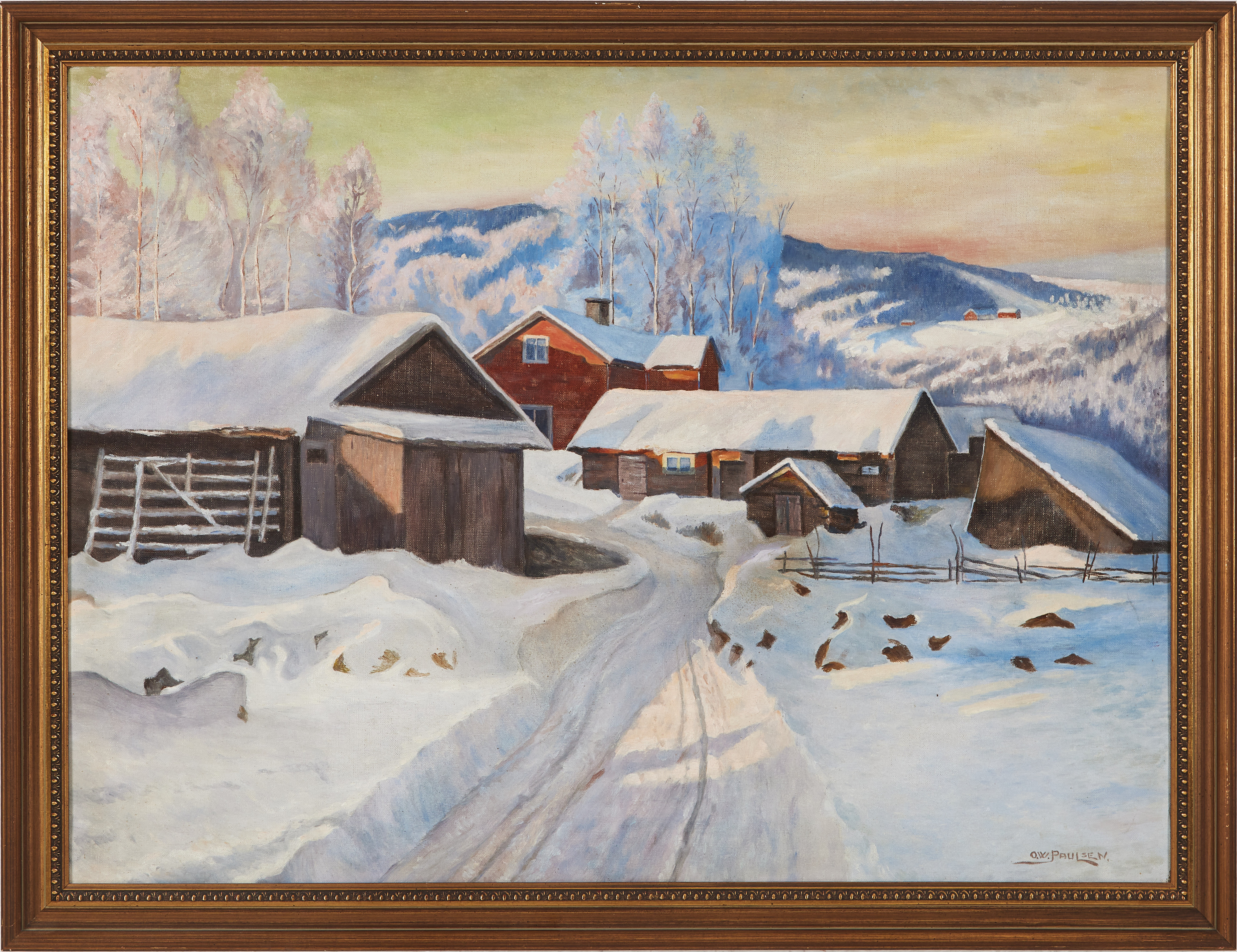 OIDENTIFIERAD KONSTNÄR, Landskapsmotiv i vinterskrud, olja på duk, signerad O.W. Paulsen.