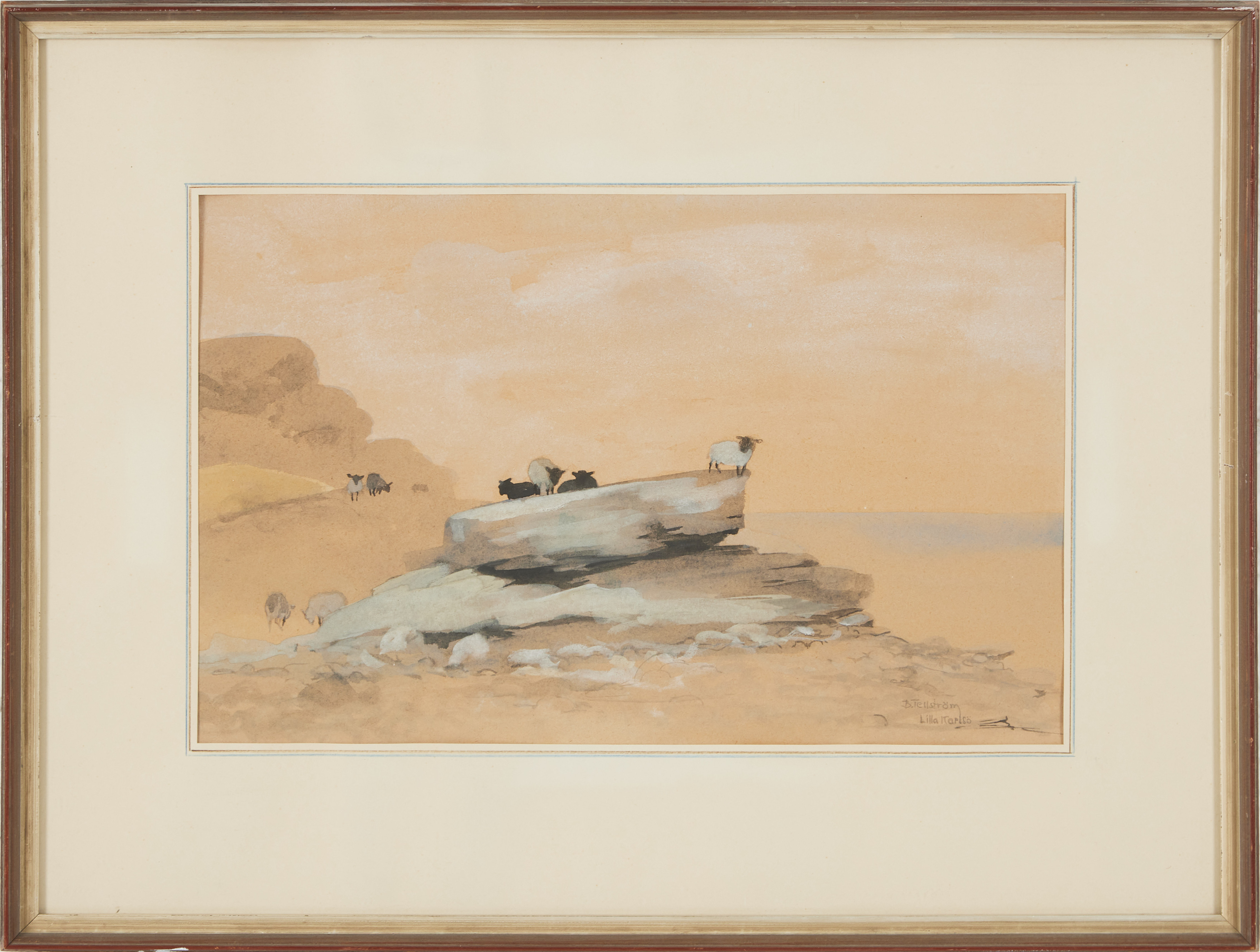 BROR TELLSTRÖM (Sverige 1891-1983): Utegångsfår på Lilla Karlsö, akvarell, signerad B. Tellström, daterad a tergo 1975.