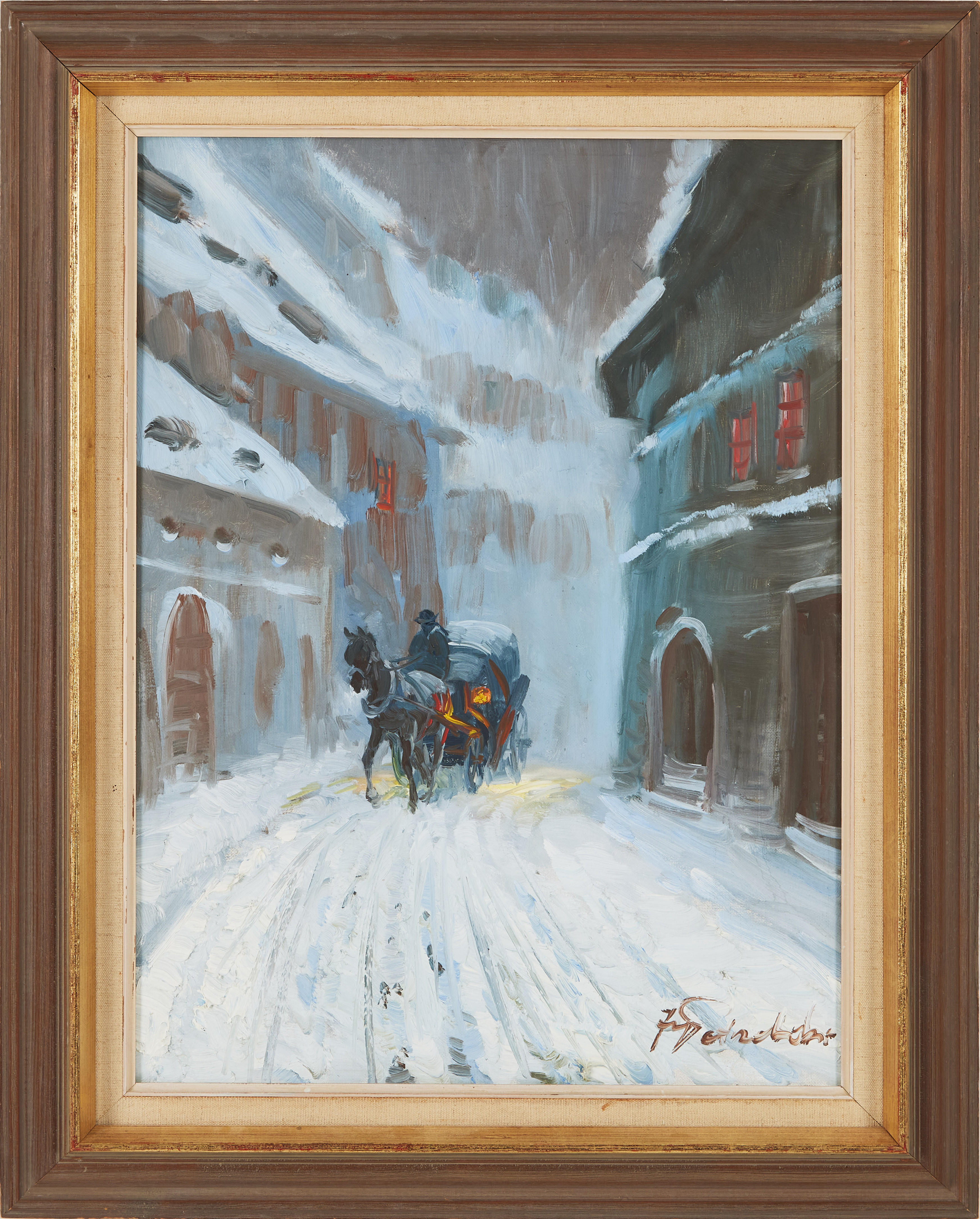 JERZY POTRZEBOWSKI (Polen 1921-1974): Stadsgata med droska, olja på duk, signerad.