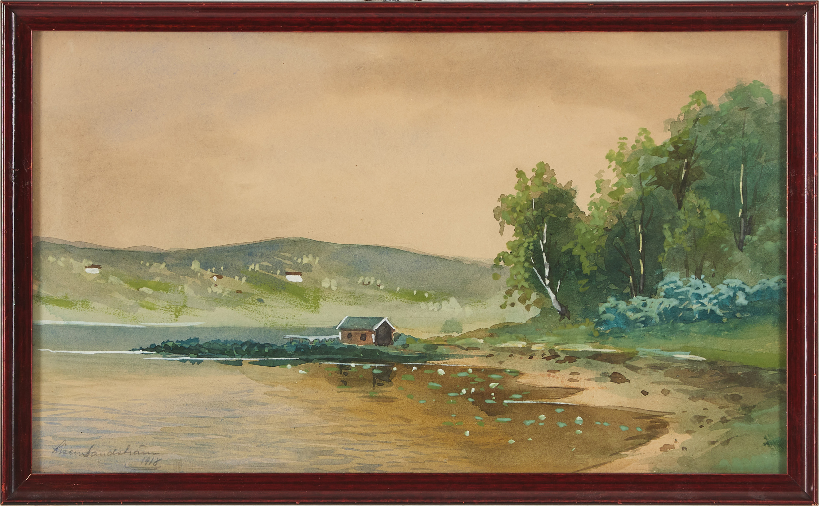 LISEN TERESIA SUNDSTRÖM (Sverige 1893-1981) (2): Landskapsmotiv, akvareller, signerade och daterade Lisen Sandström 1918 och 1919.