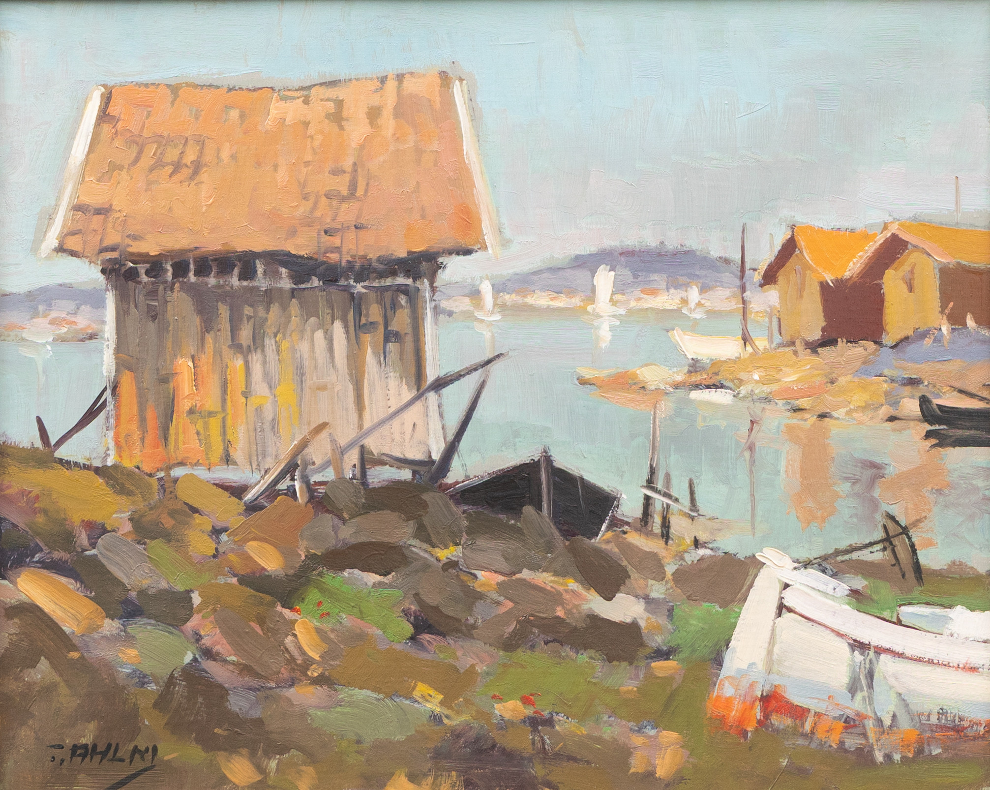 TAGE RUDOLF  AHLM. Småbåtshamn, olja på duk, signerad.
