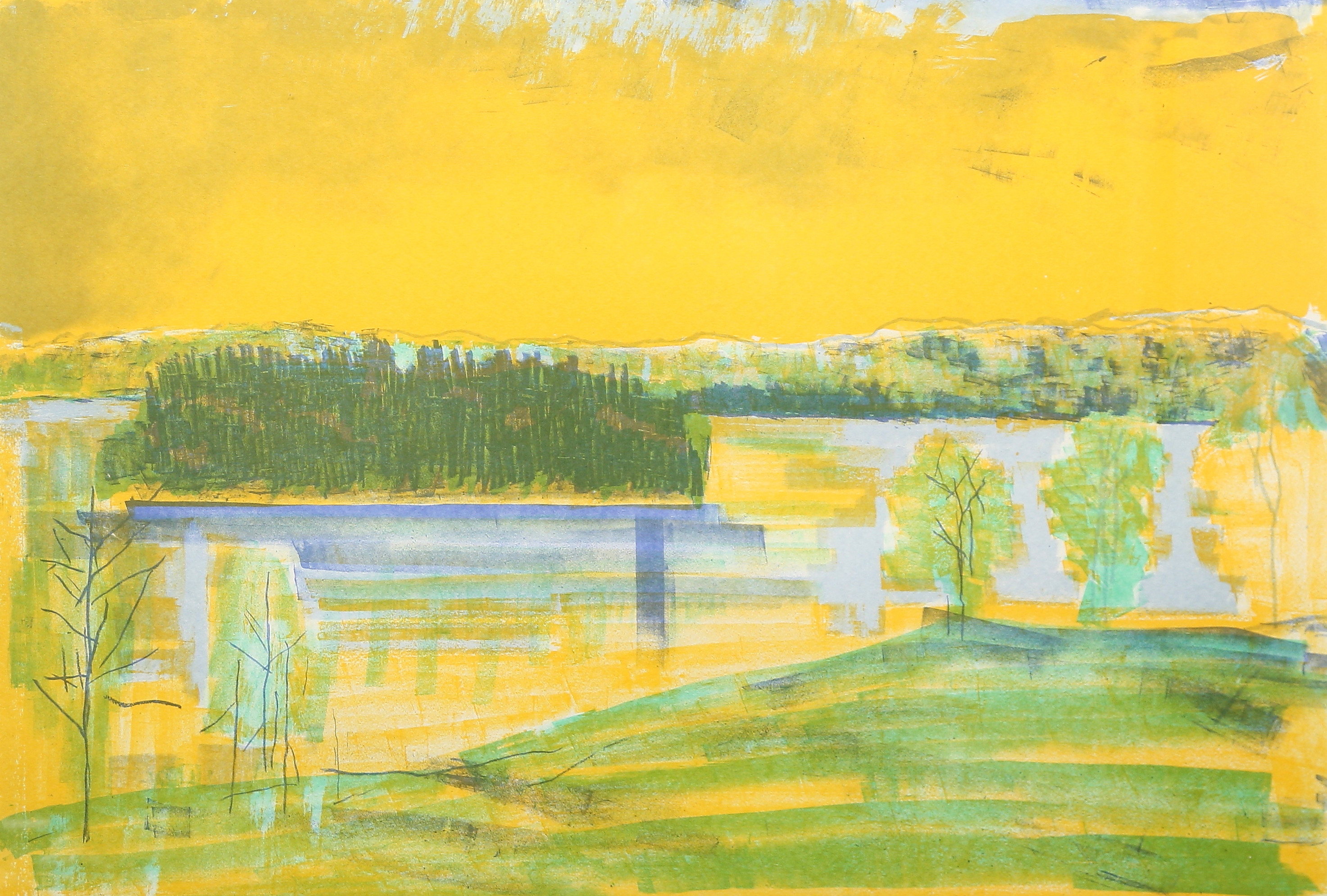 BERTIL  ALMLÖF. träsnitt, gult landskap, signerad och numrerad 25/100.