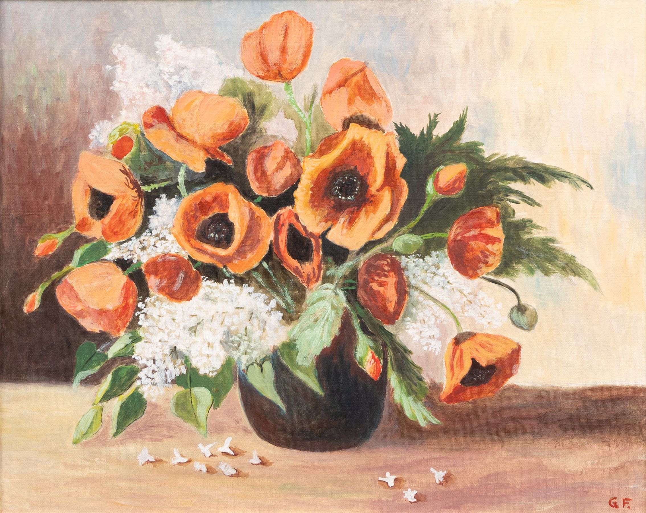 OIDENTIFIERAD KONSTNÄR. Blomsterstilleben, olja på duk, Signerad GF.