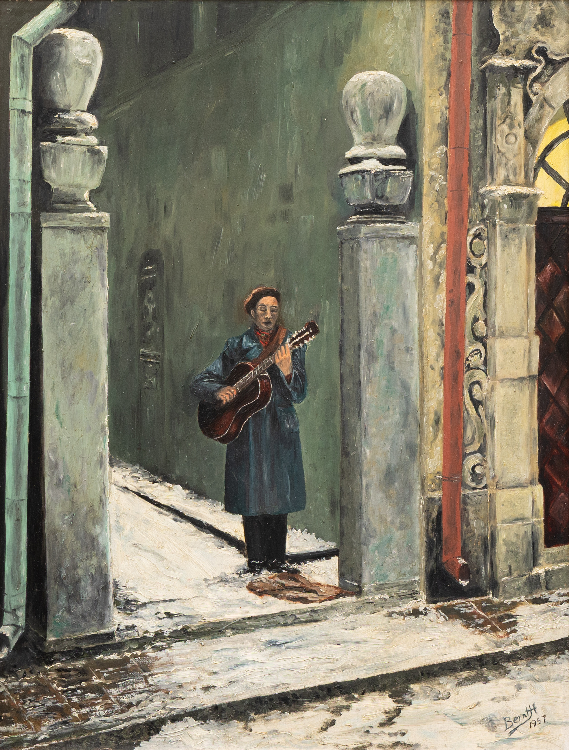 OIDENTIFIERAD KONSTNÄR. Gatumusikant, olja på pannå, signerad och daterad Bernt H 1957.