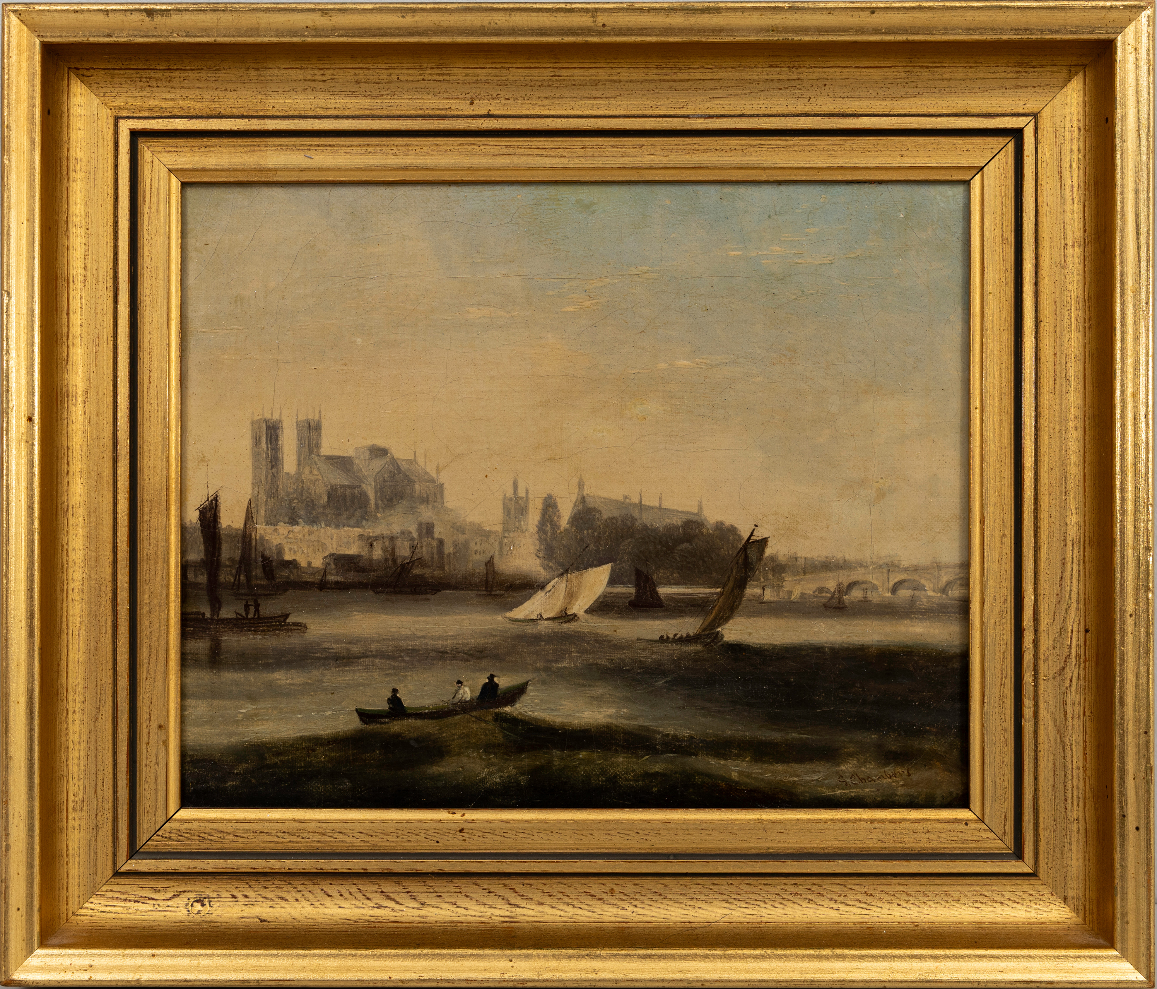 GEORGE CHAMBERS(1803-40). TILLSKRIVEN. Båtar i farled framför Katedral, olja på duk, signerad, G. Chambers.