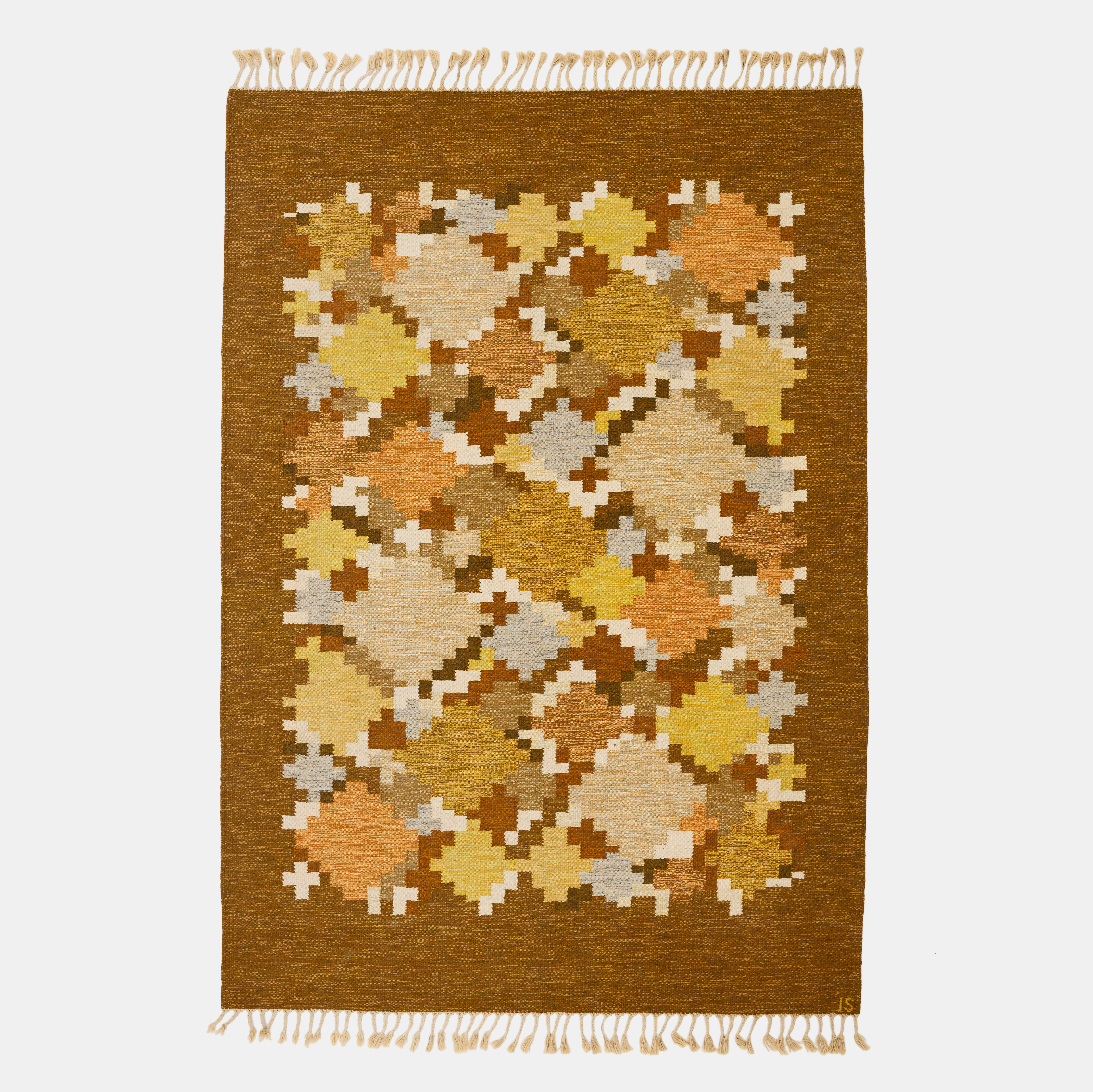 INGEGERD SILOW. ''Barken'', matta, rölakan, gul och brun med geometrisk dekor, ca. 284 x 198 cm.