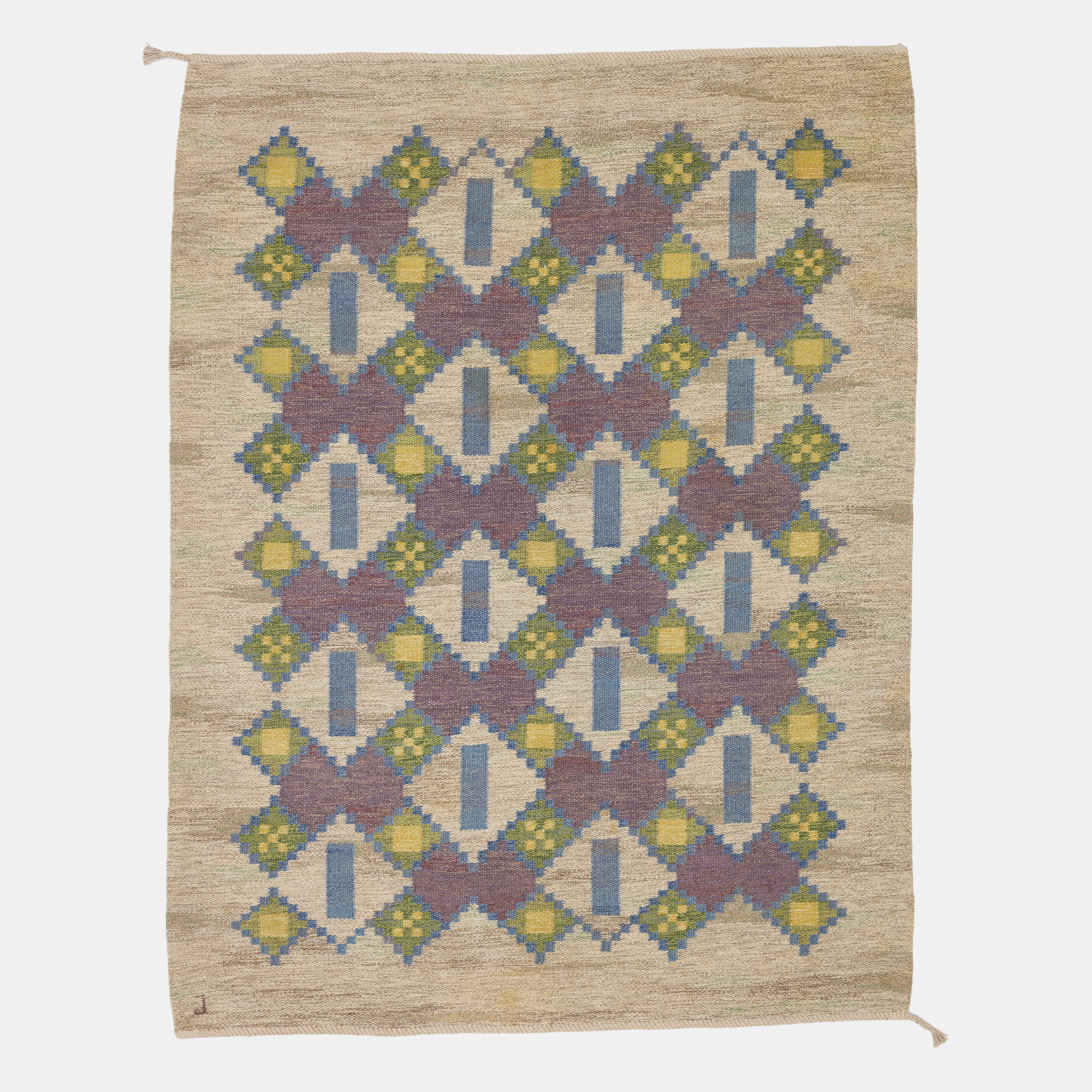 JUDITH  JOHANSSON. "Pastella", matta, rölakan, polykrom geometrisk dekor mot grå botten, 220 x 170 cm.