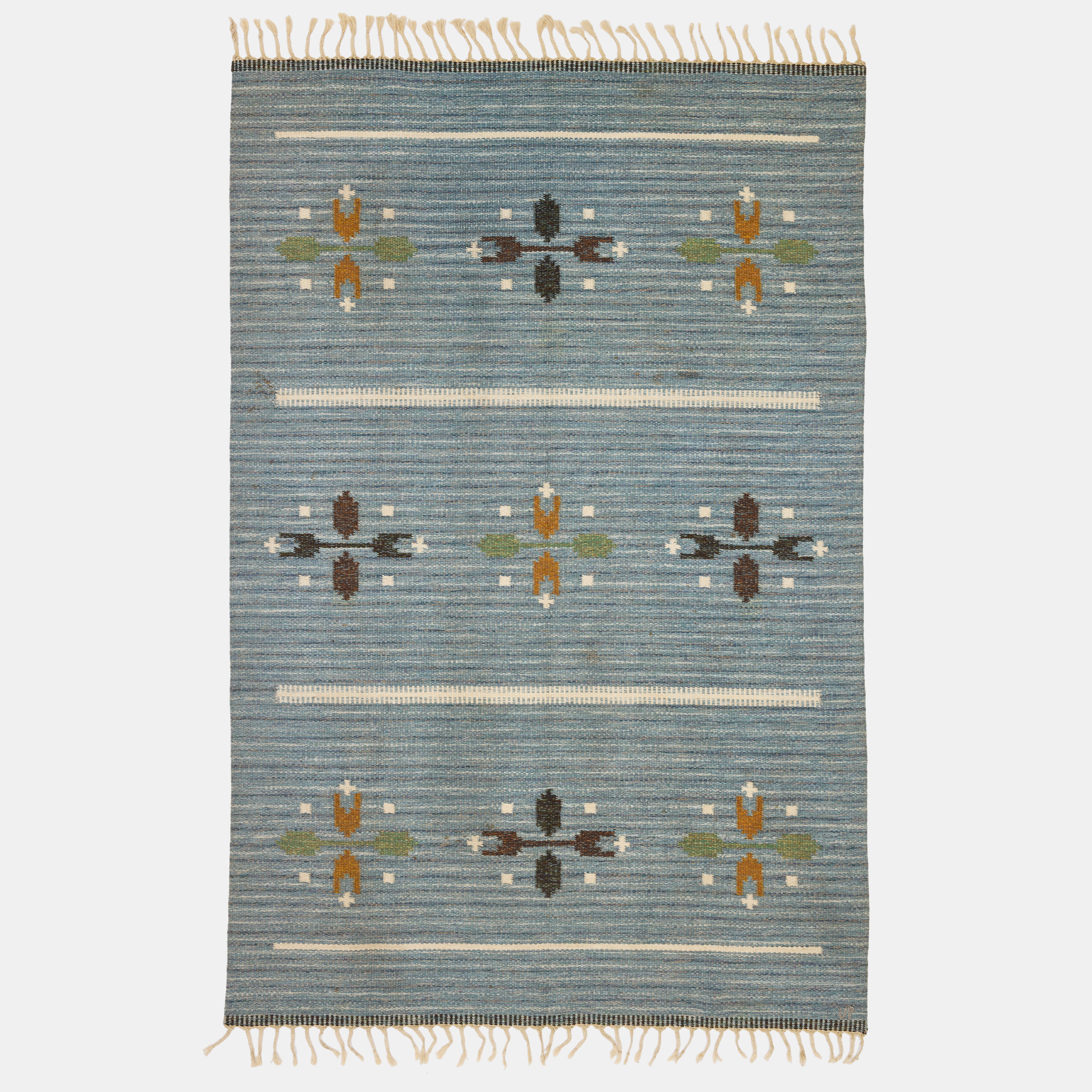 ULLA PARKDAHL. Matta, rölakan, stiliserad stjärndekor mot blå botten, 240 x 160 cm.