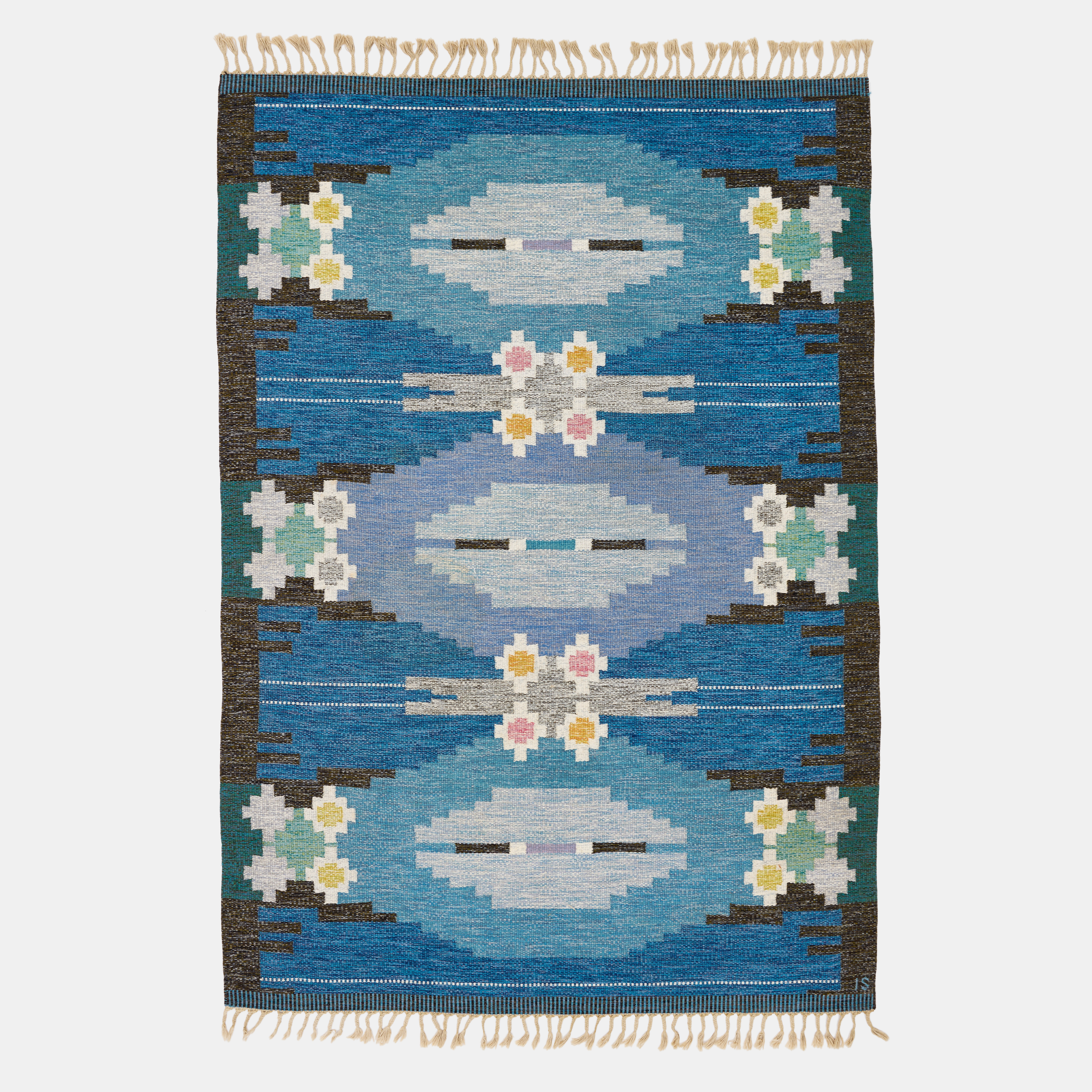 INGEGERD SILOW. "Örbyhus", matta, rölakan, dekor i blåa nyanser, formgiven 1967, 277 x 192 cm.