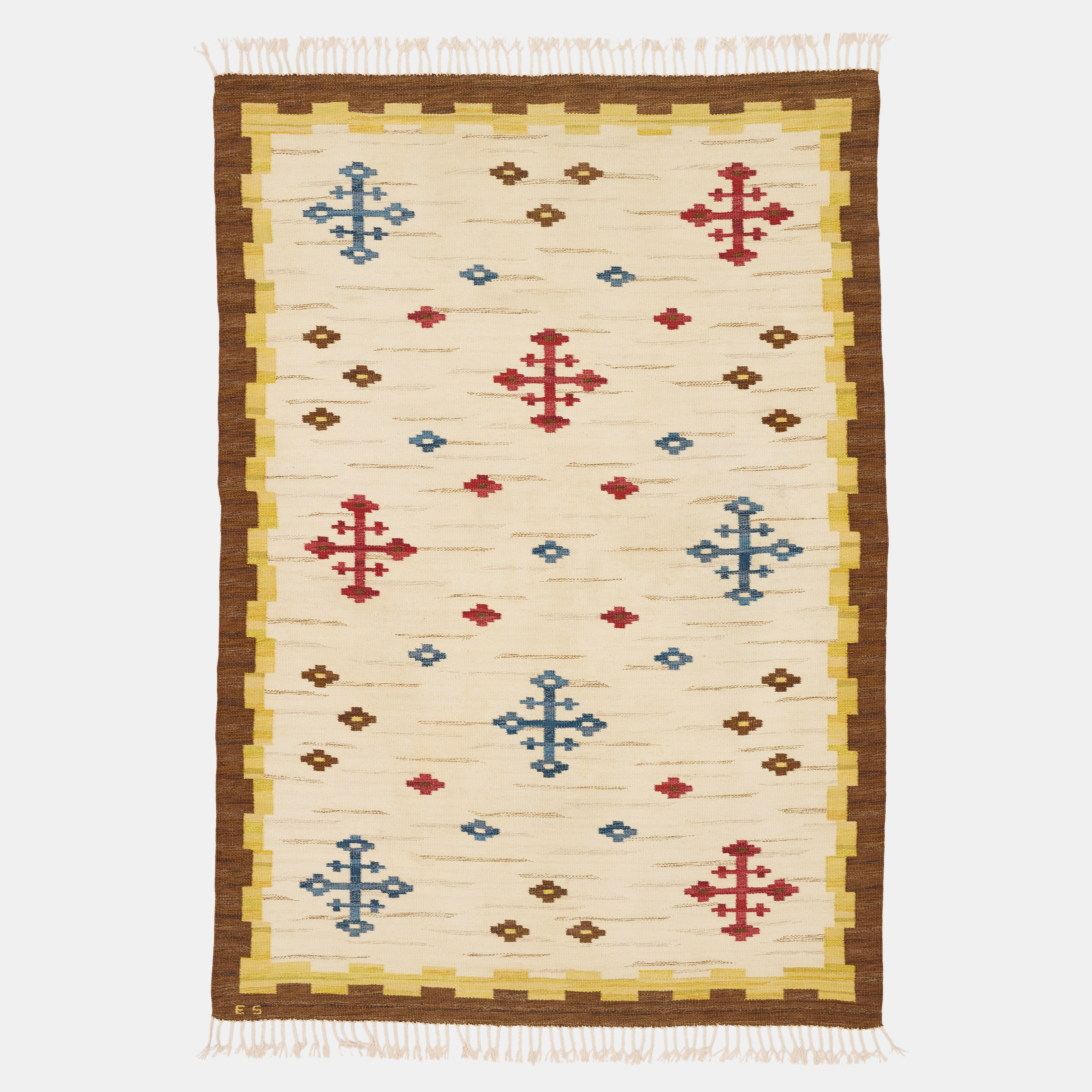 EVY SVENSSON. Matta, rölakan, polykrom stiliserad dekor med bård i brunt och gult, 270 x 188 cm.