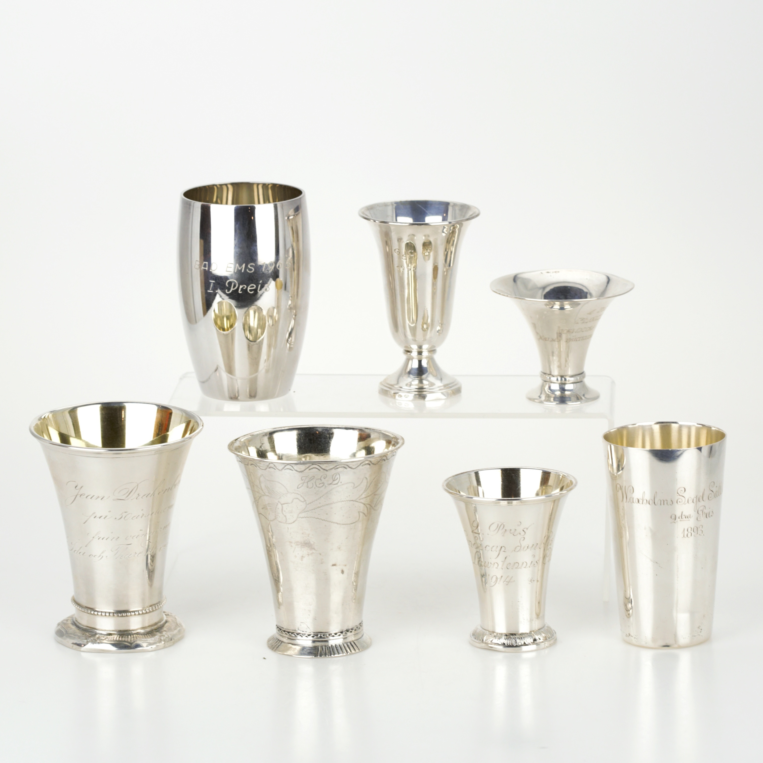 POKALER, 7 st. silver, idrottspriser med gravyr, Sverige 1893 - 1965.