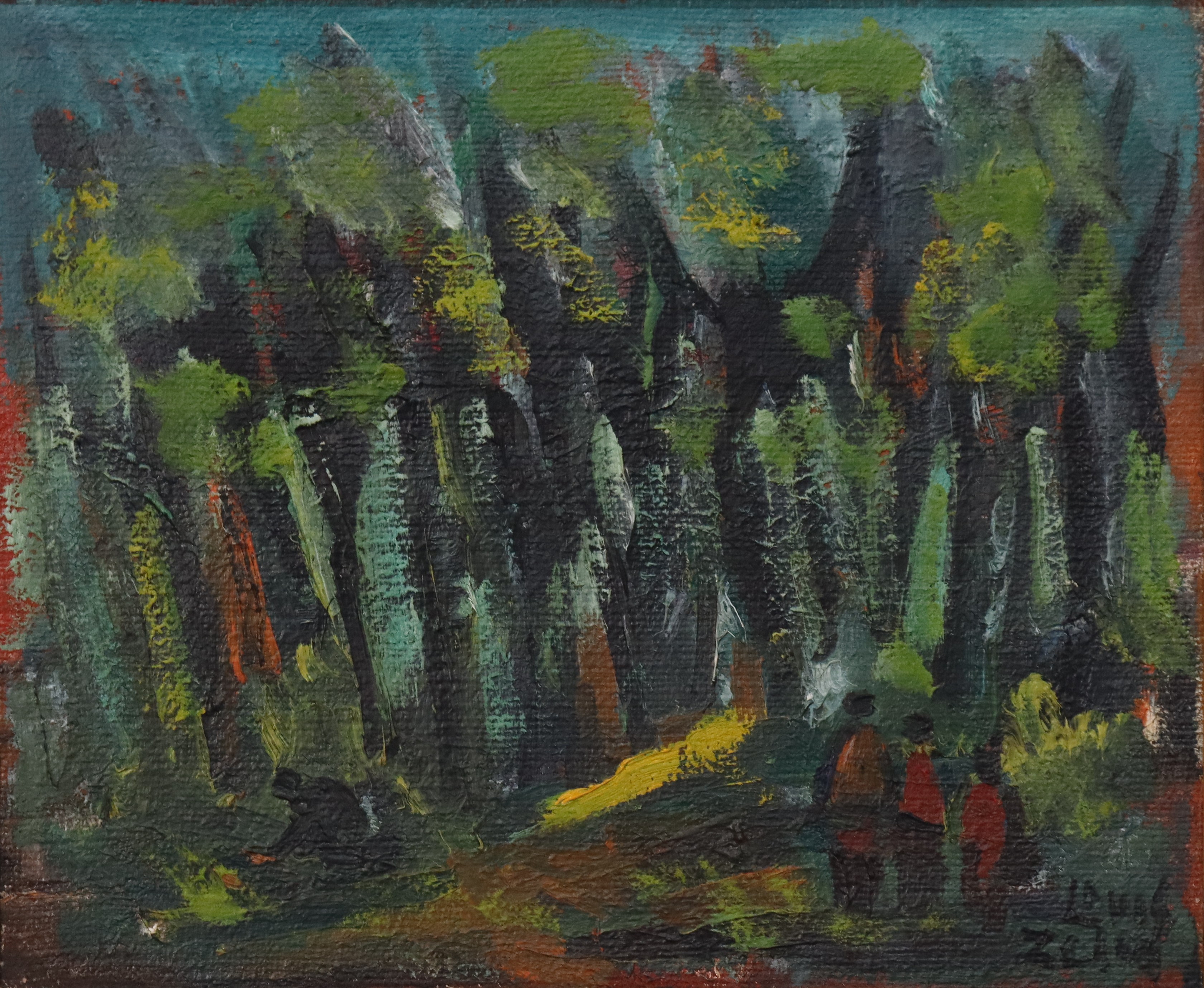 LOUIS ZELIG. olja på duk, männinskor framför skog.