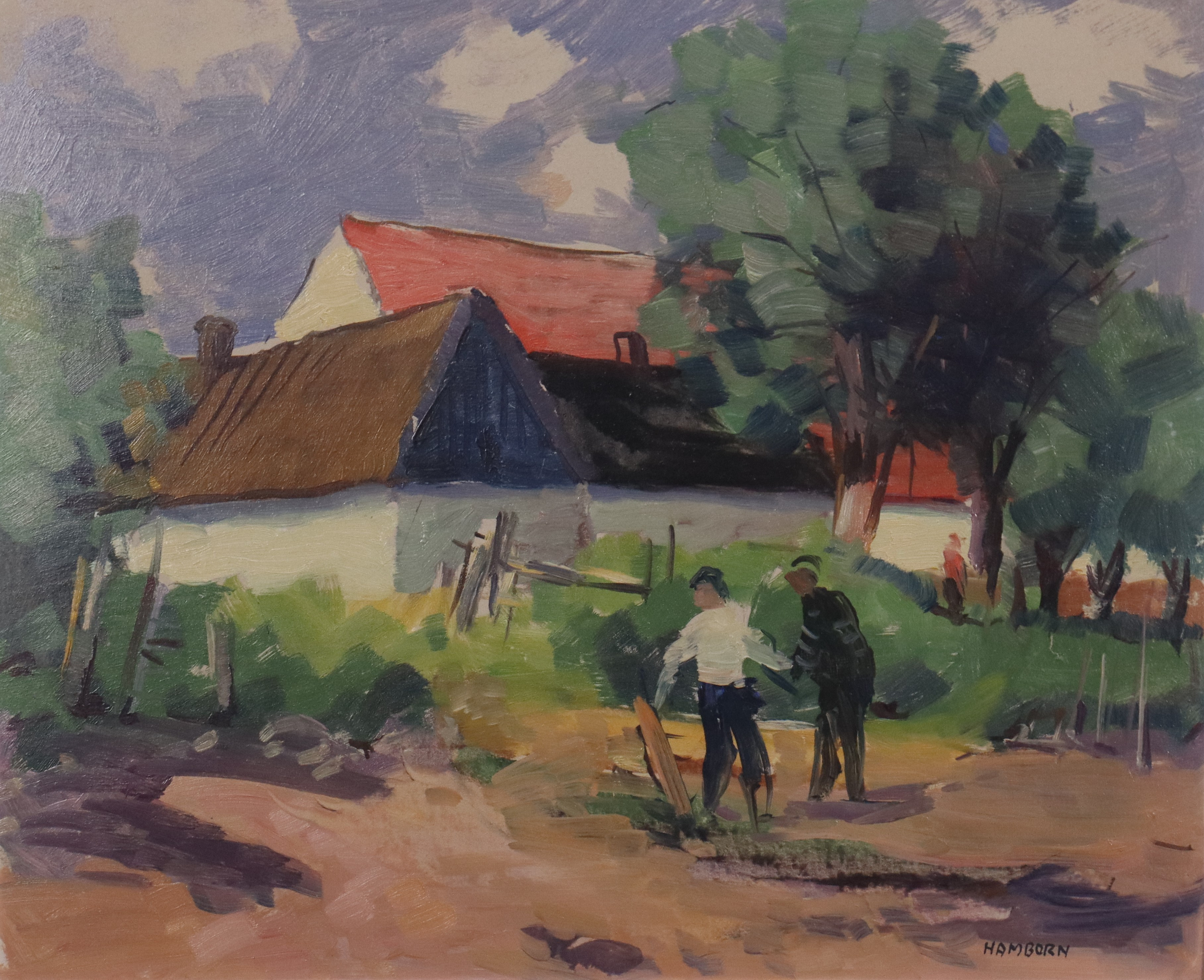 AXEL HAMBORN. olja på pannå, gårdsmotiv.