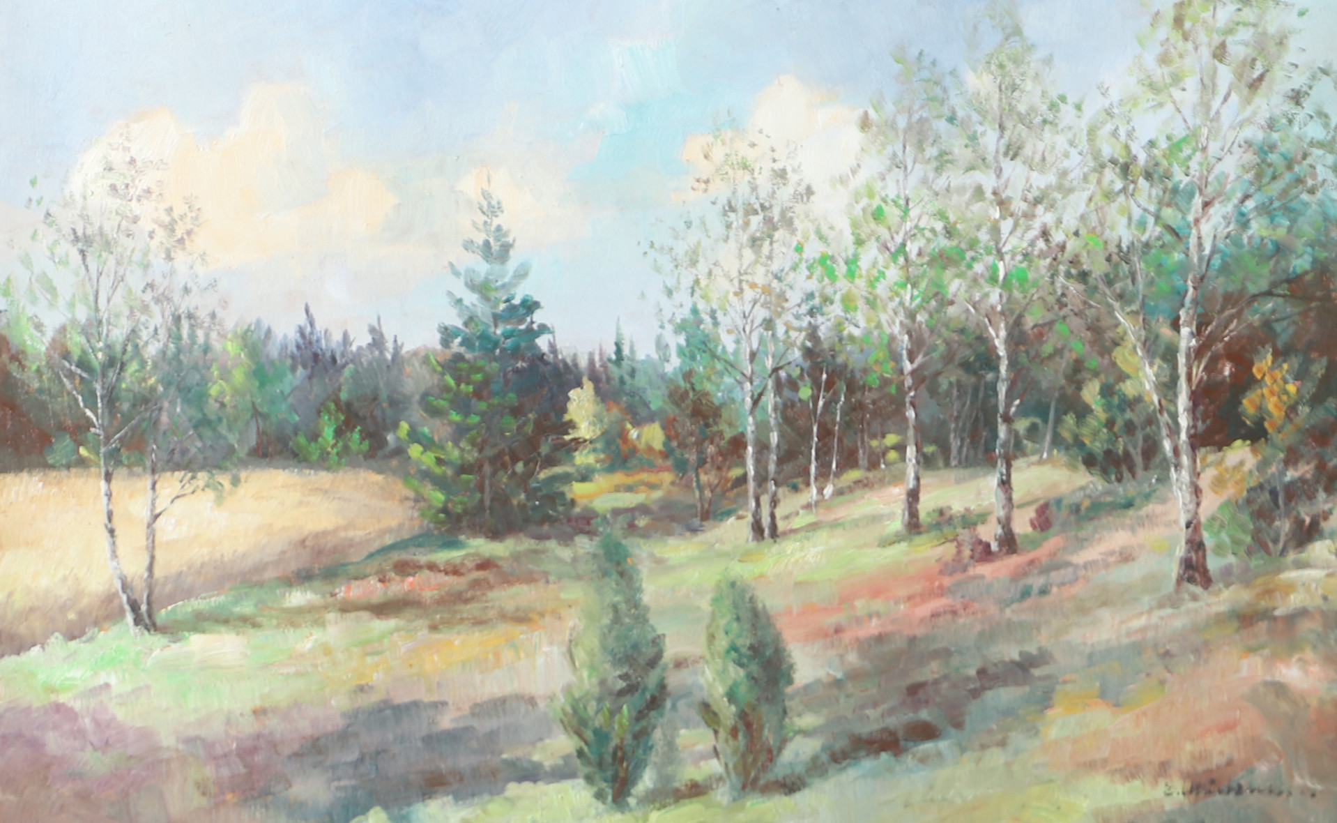 ELSA MÅRTENSSON. Skogslandskap, olja på pannå, signerad E. Mårtensson.