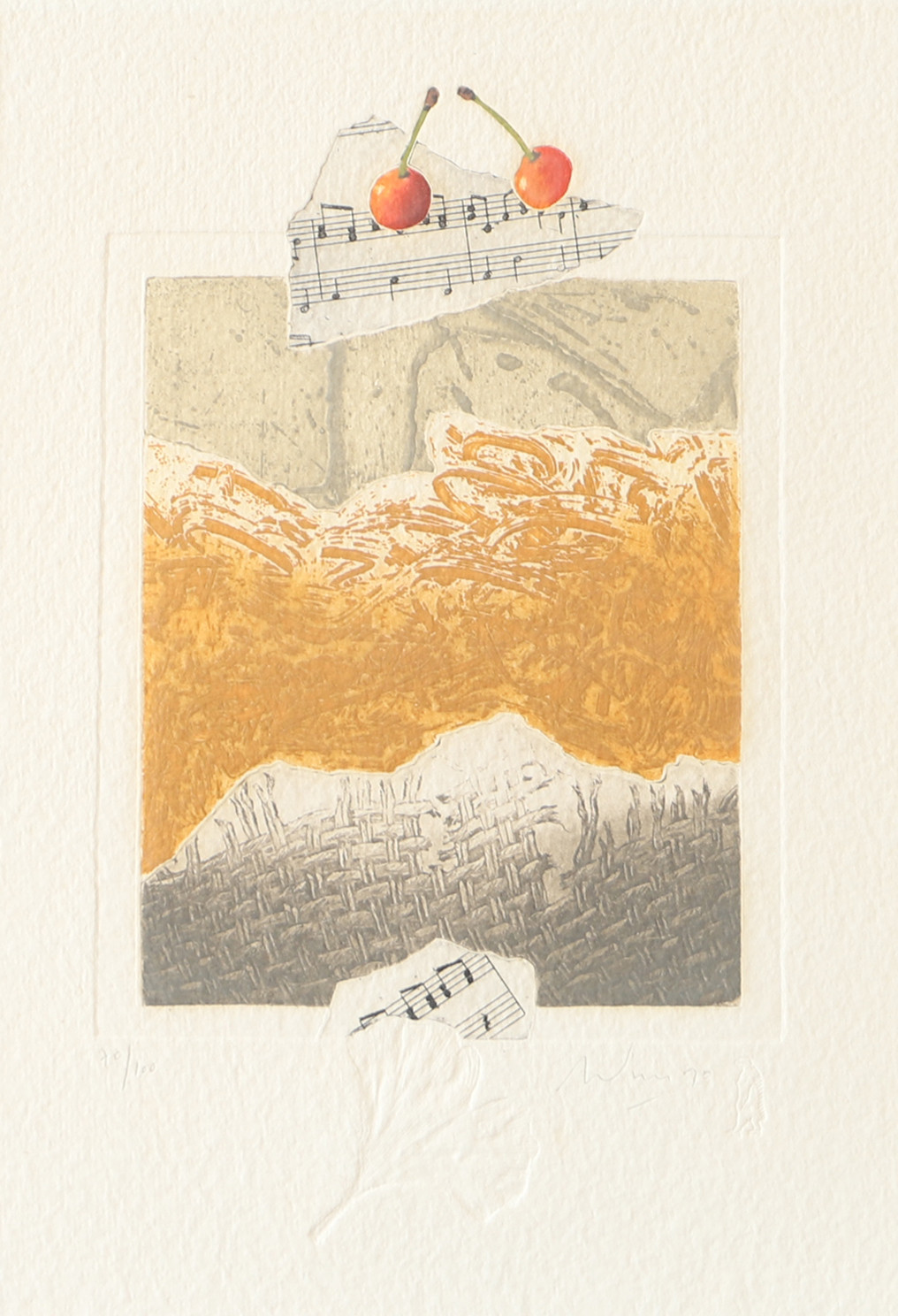 ALAIN SOUCASSE. Komposition med noter, etsning, signerad.