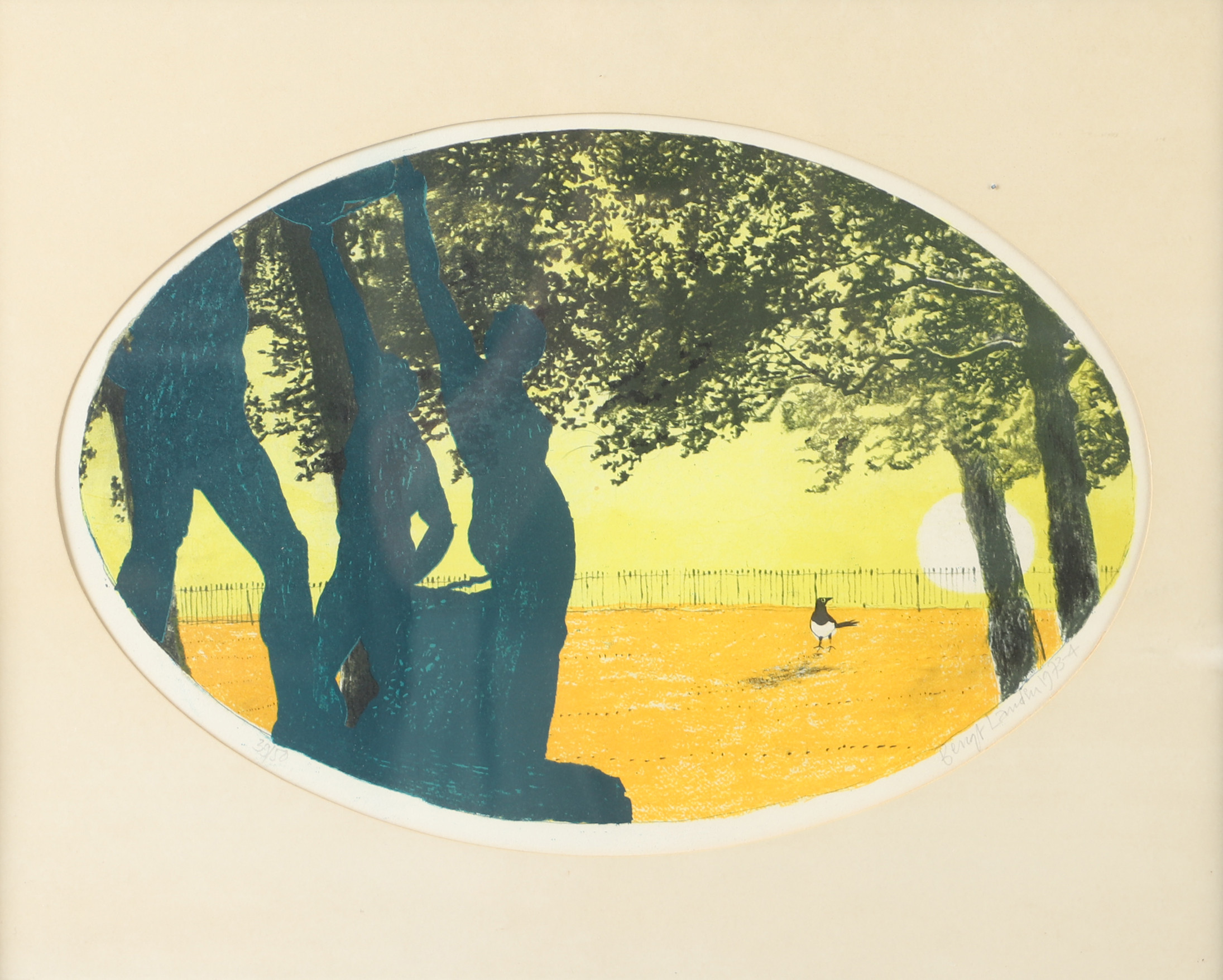 BENGT LANDIN. Parkbild med fågel, färglitografi, signerad 1973.