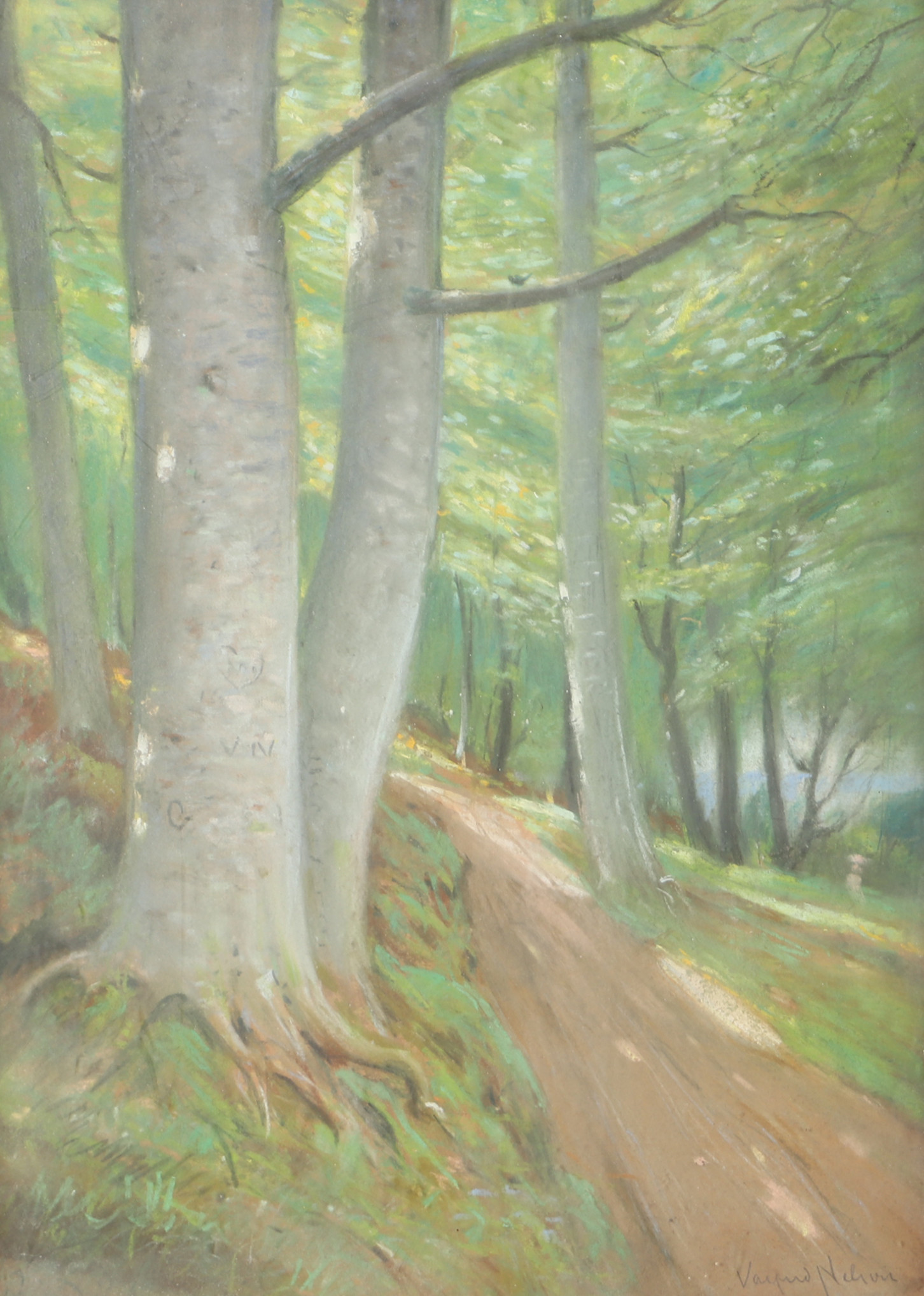 VALFRID NELSON. Skogsparti, blandteknik, signerad.