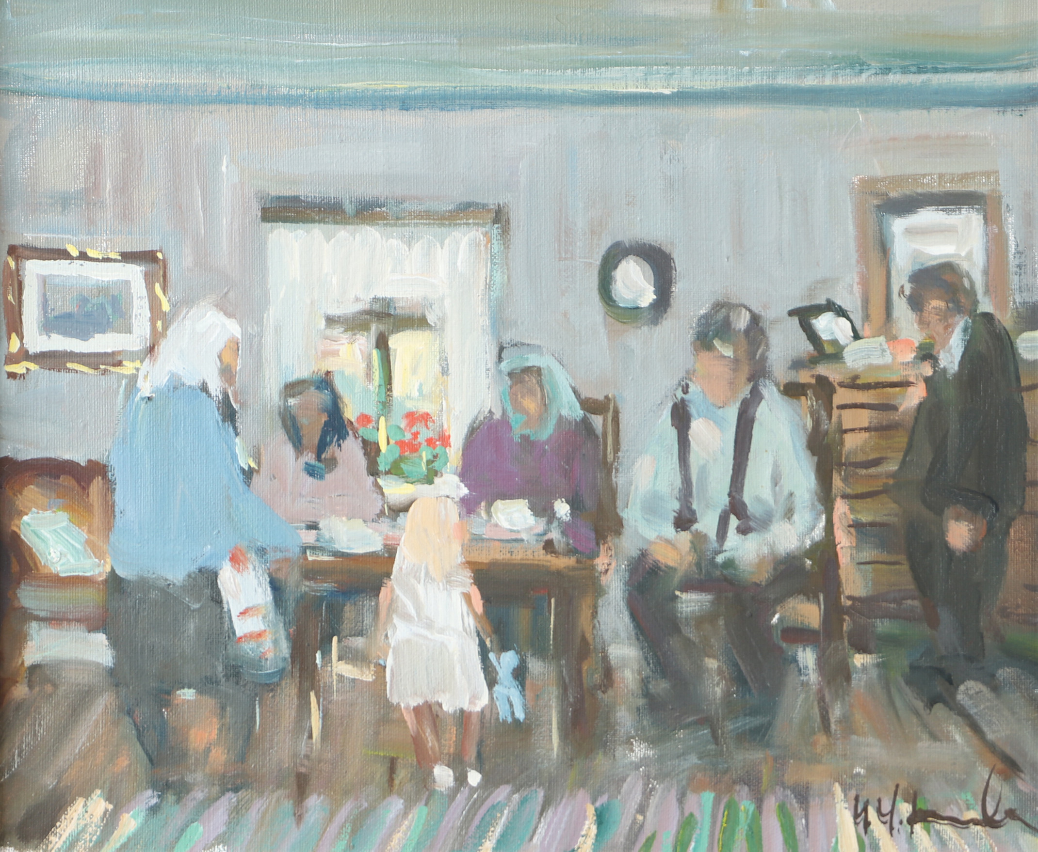 UNO HUBERT KARLSSON. Fika i stugan, olja på duk, signerad.