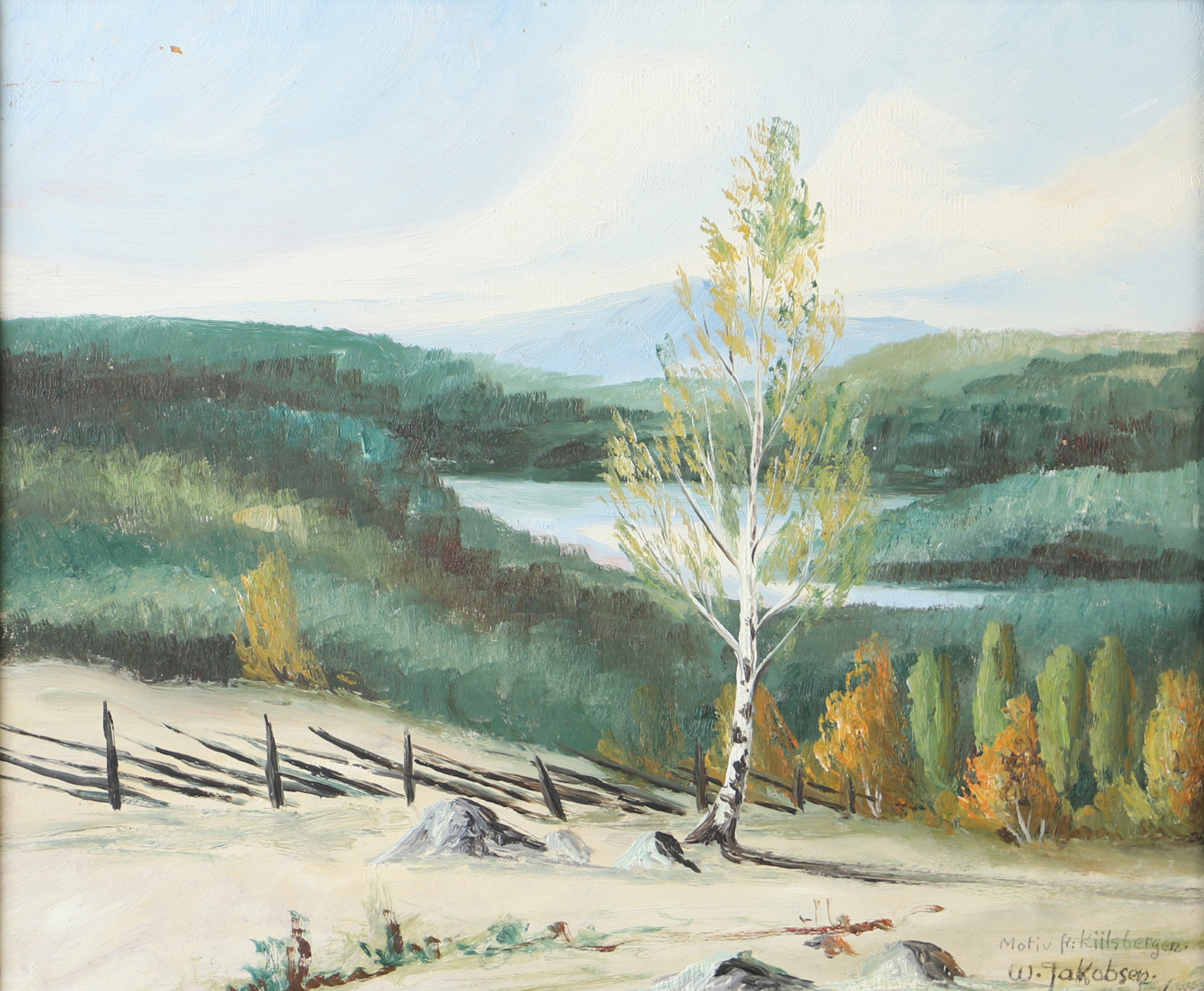 OIDENTIFIERAD KONSTNÄR. Sjölandskap, olja på pannå, signerad W. Jakobsen.