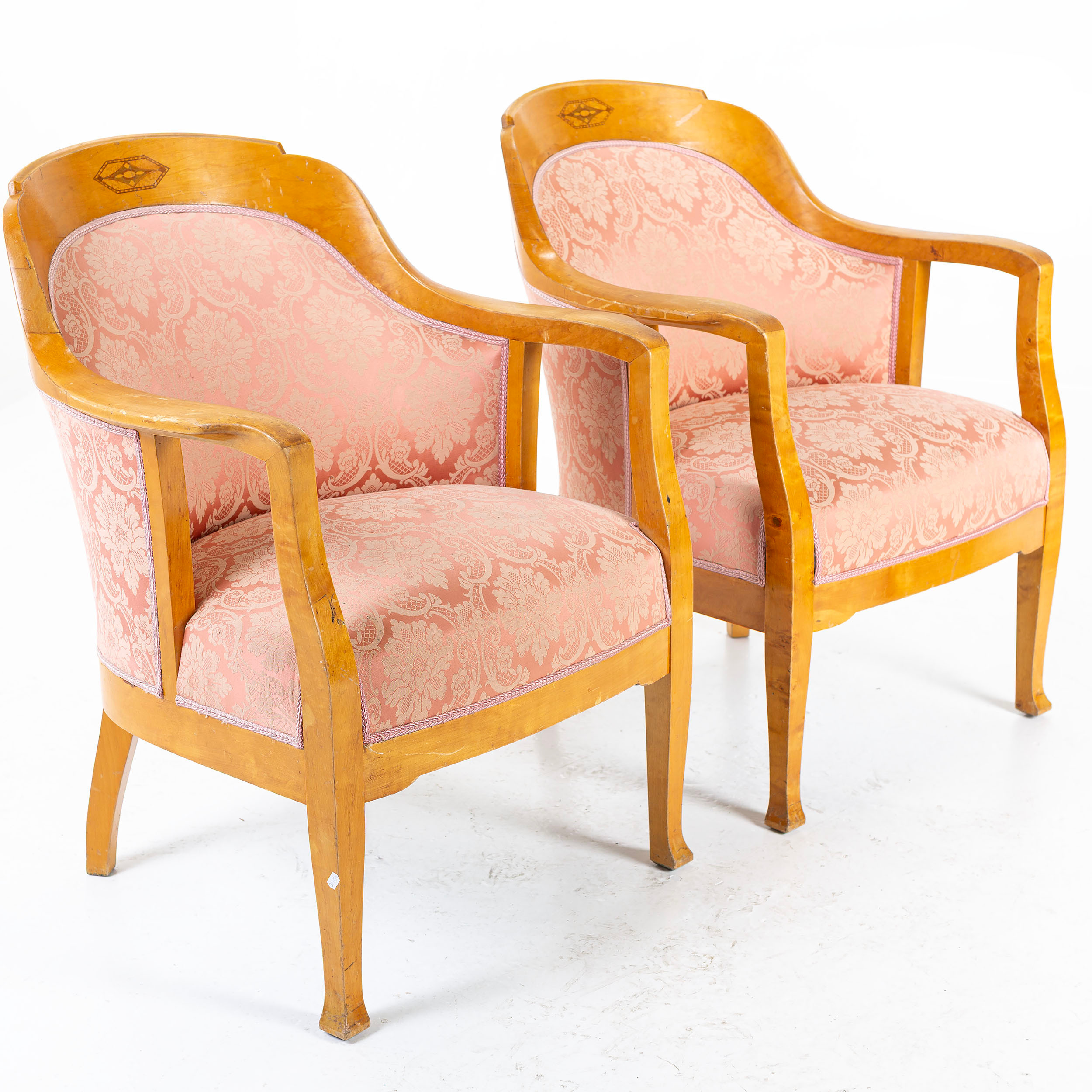 FÅTÖLJER, 1 par, björk med intarsia, tidigt 1900 - tal.