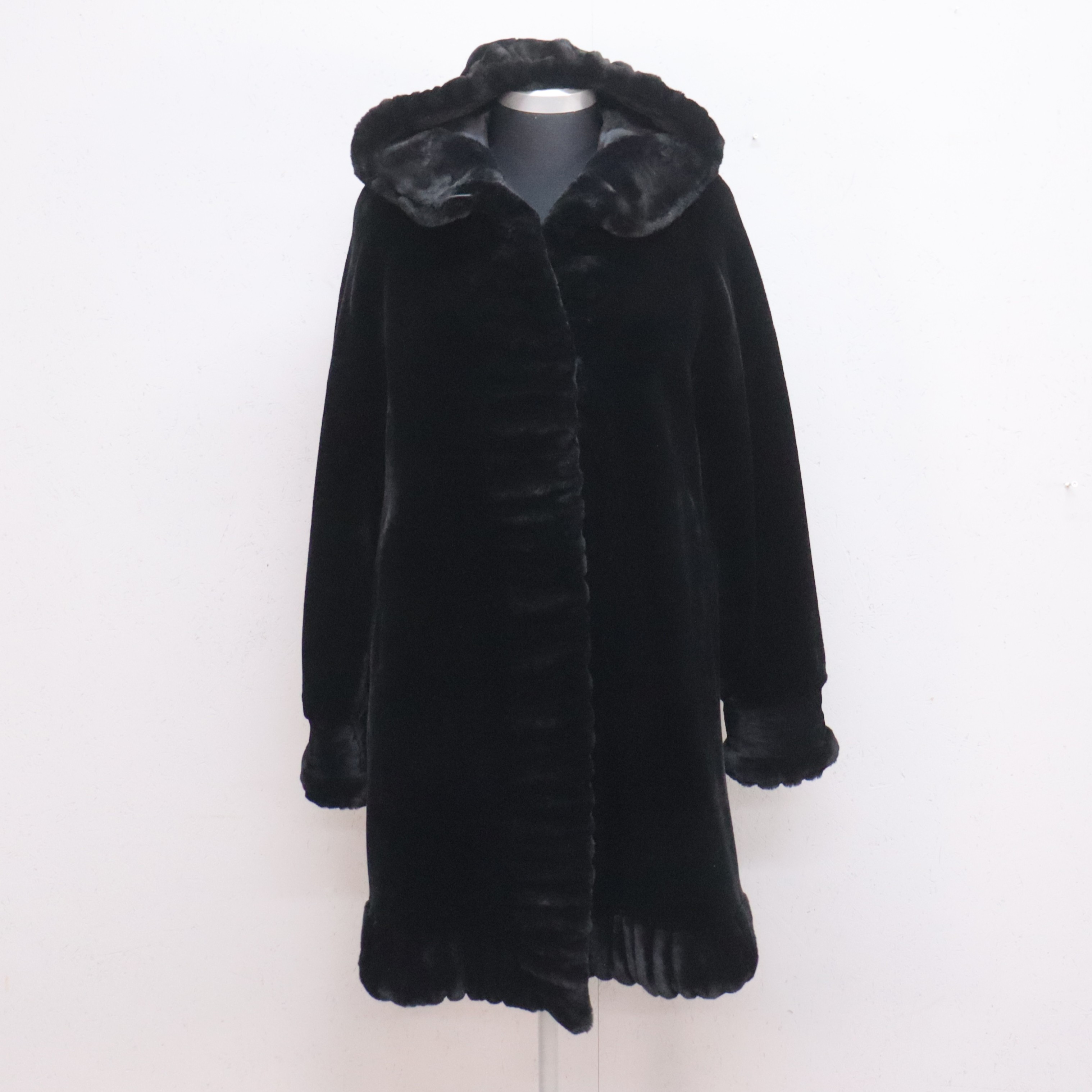 KAPPA, Alexandra, swagger-modell med kapuschong, stl, svart imiterad päls, plysch, storlek 38.