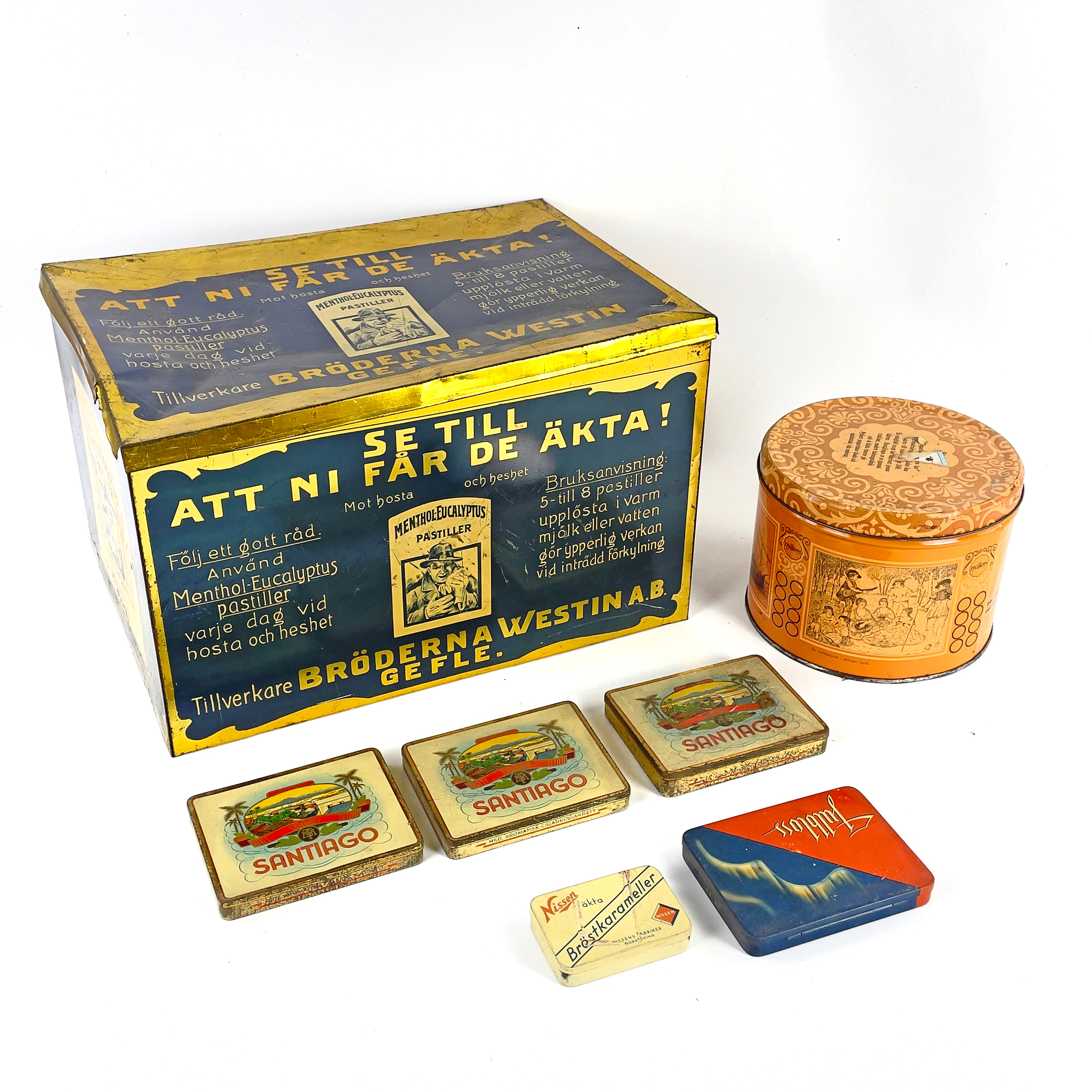 PLÅTBURKAR & ASKAR, 7 st, bl.a. "Menthol-Eucalyptus pastiller", Bröderna Westin AB, Gefle, 1900-tal.