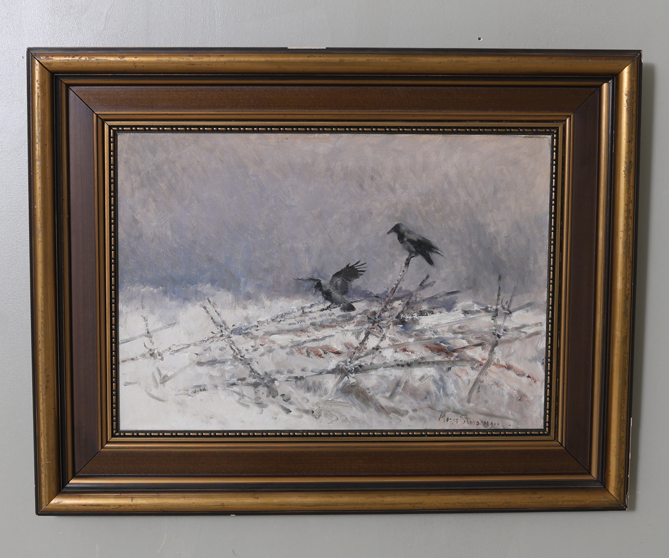 MOSSE STOOPENDAAL. Kråkor på gärdsgård, olja på duk, signerad.