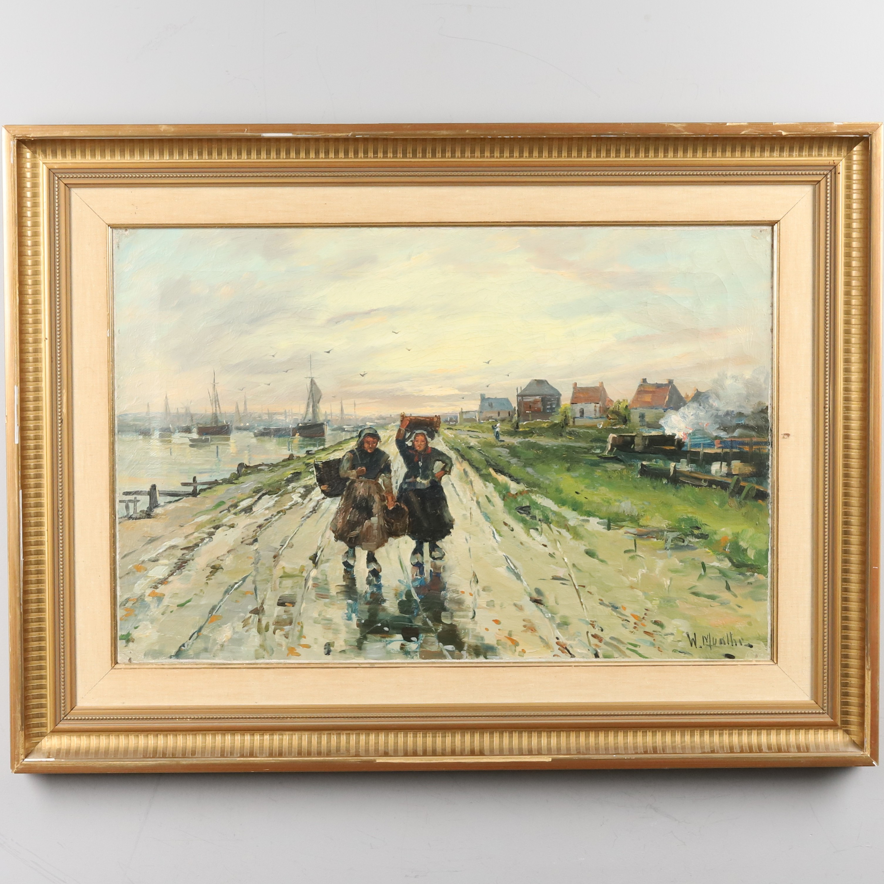 OIDENTIFIERAD KONSTNÄR. Olja på duk, "Promenad längs vattnet", 1800-tal.