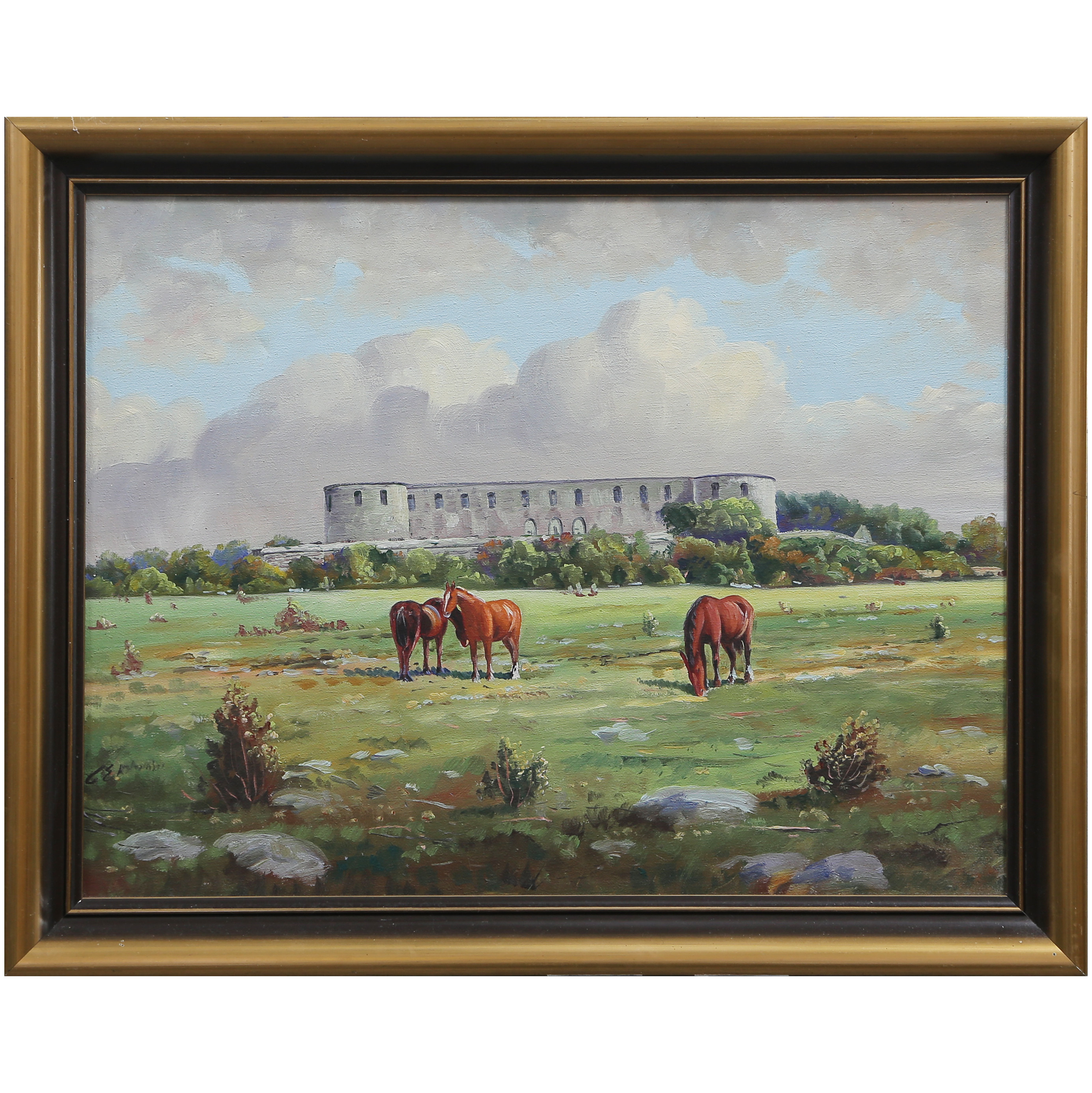 GUNNAR EKSTRÖM "HÄSTAR, BORGHOLMS SLOTTSRUIN" OLJA PÅ DUK, SIGNERAD.