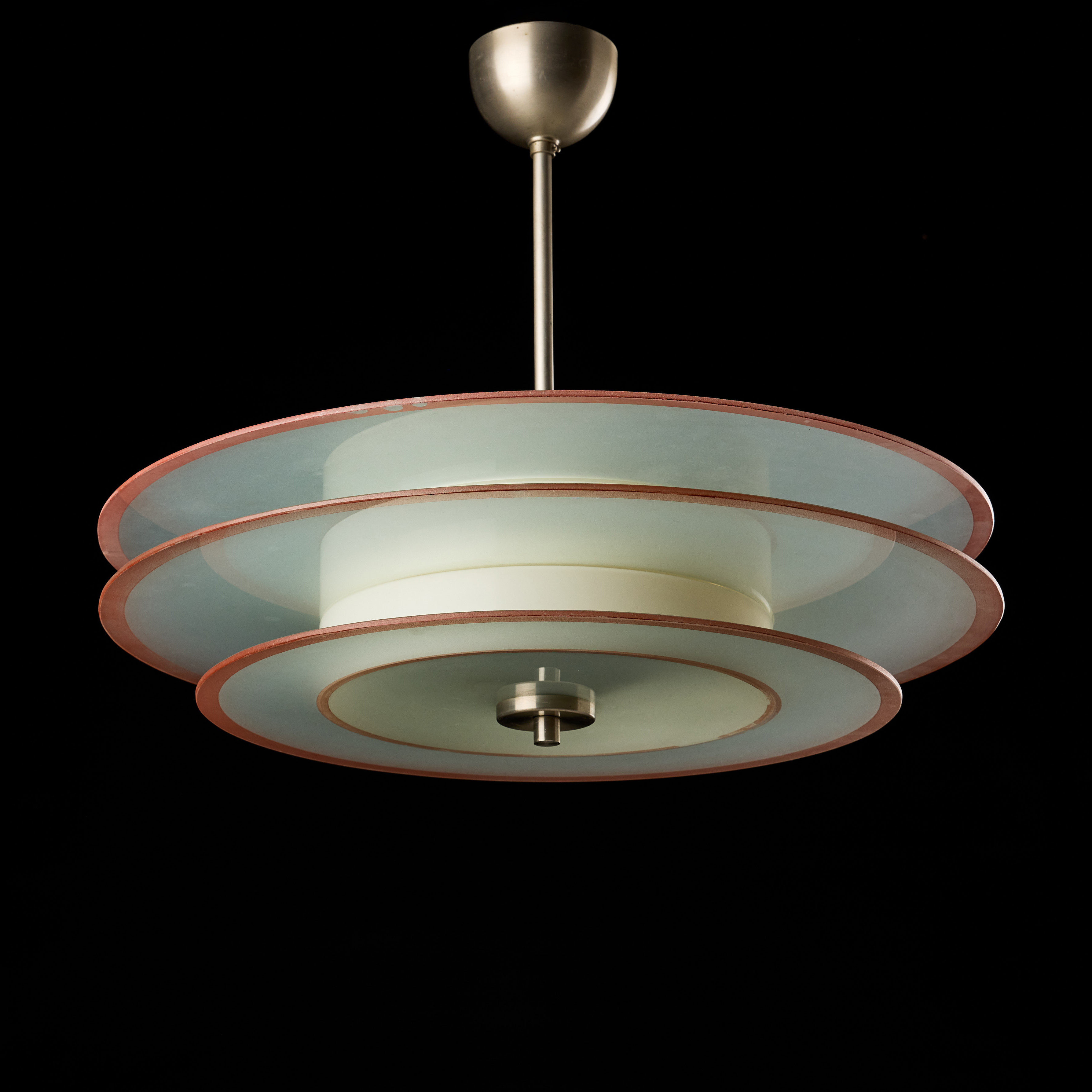 HARALD NOTINI. Taklampa, Arvid Böhlmarks Lampfabrik, 1930-tal, funkis, mattförnicklad mässing och glas.