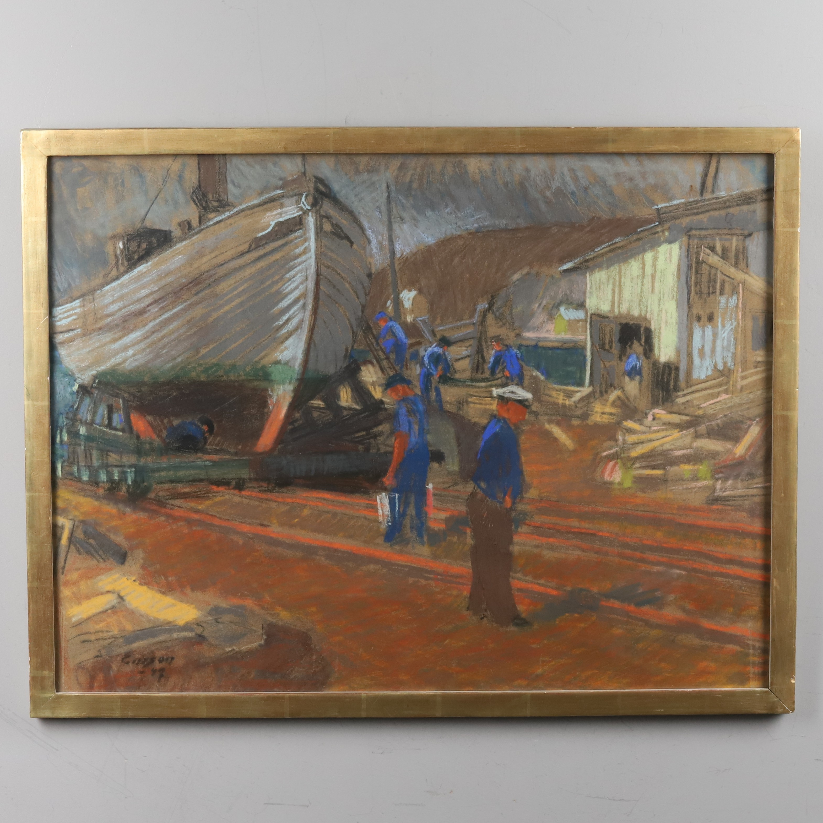 ERIK EMSON. Torrpastell, "Skeppsvarv", signerad och daterad -47.