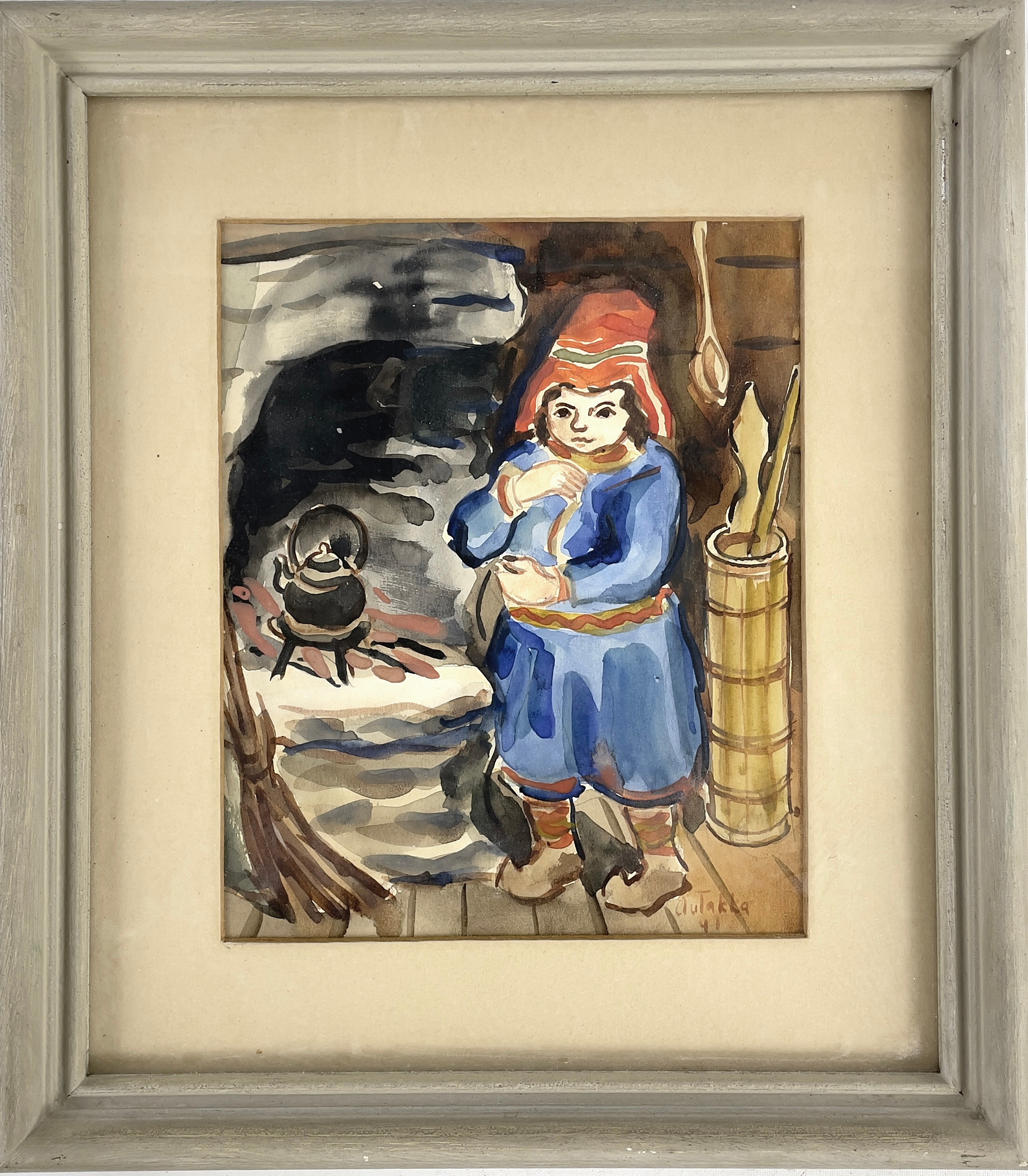 ALVAR OUTAKKA. Sameflicka, akvarell på papper, signerad & daterad -41.