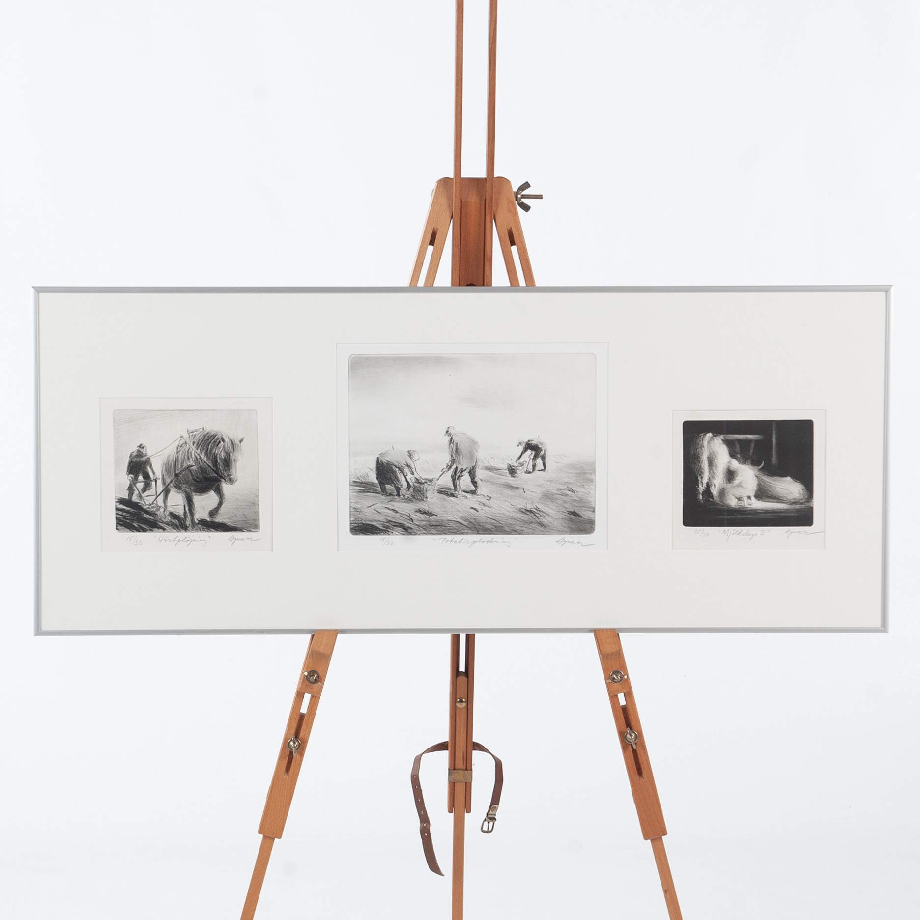 OLLE AGNELL. Torrnålsgravyrer. Signerade. "Höstplöjning", "Potatisplockning" och "Mjölkdags II".