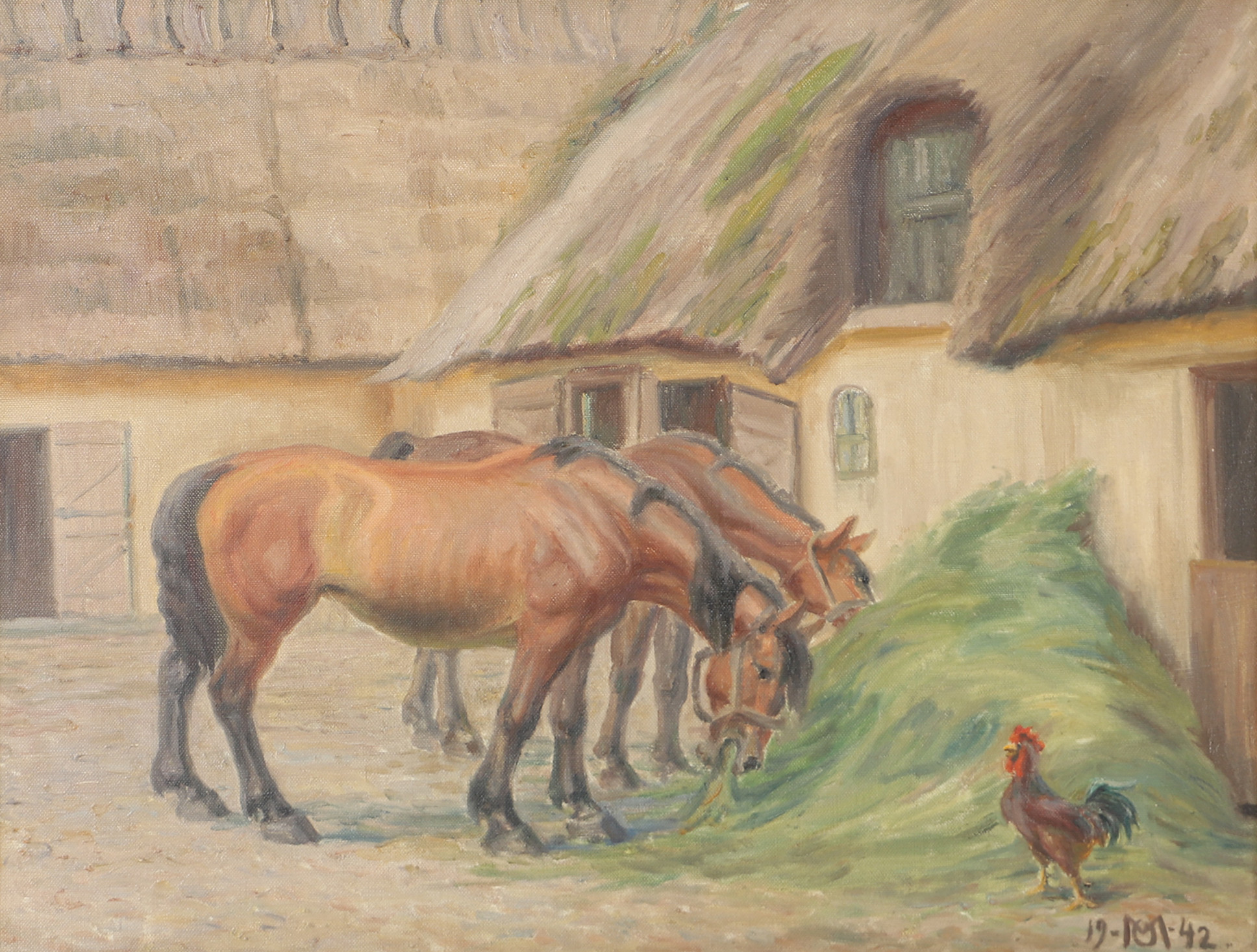 OIDENTIFIERAD KONSTNÄR. Gårdsmotiv med hästar, olja på duk, signerad MO, 1942.