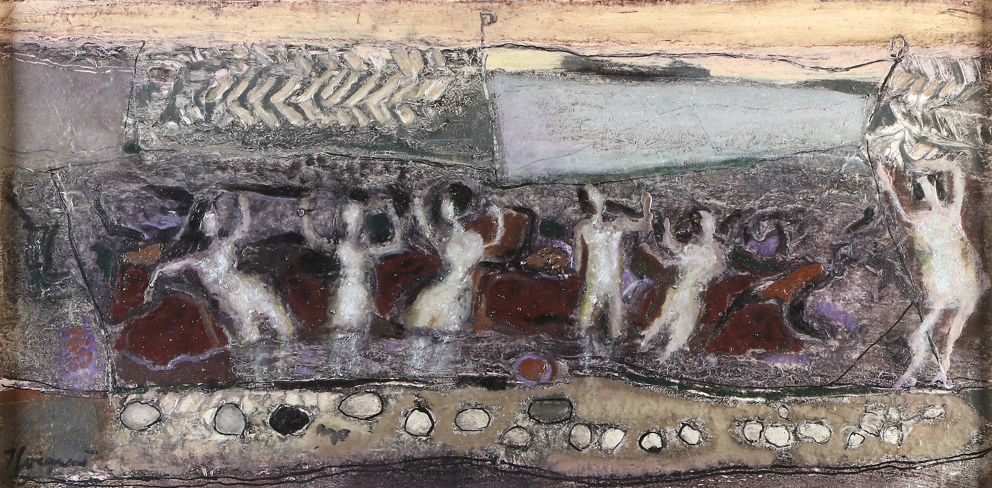 JAMES COIGNARD. Blandteknik på duk. Komposition med figurer. Signerad. Otydligt betitlad a tergo.