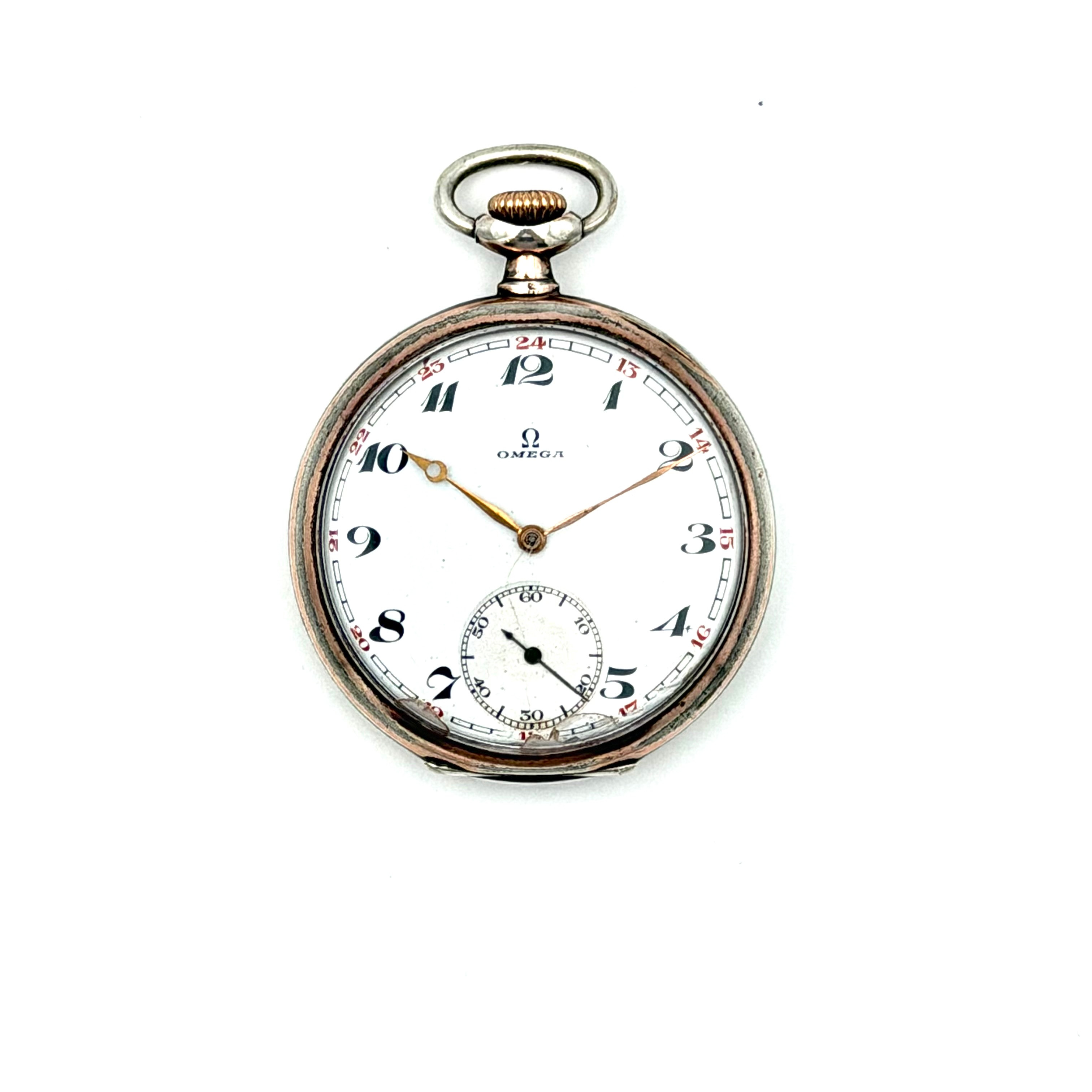 OMEGA, Fickur, silver, 12-24-tim. delvis i rött, subsekund, boett och innerbott i silver/800, emaljerad urtavla med arabiska siffror, urverk märkt Omega. Verknummer: 6663482, Kaliber: 406 LTI.