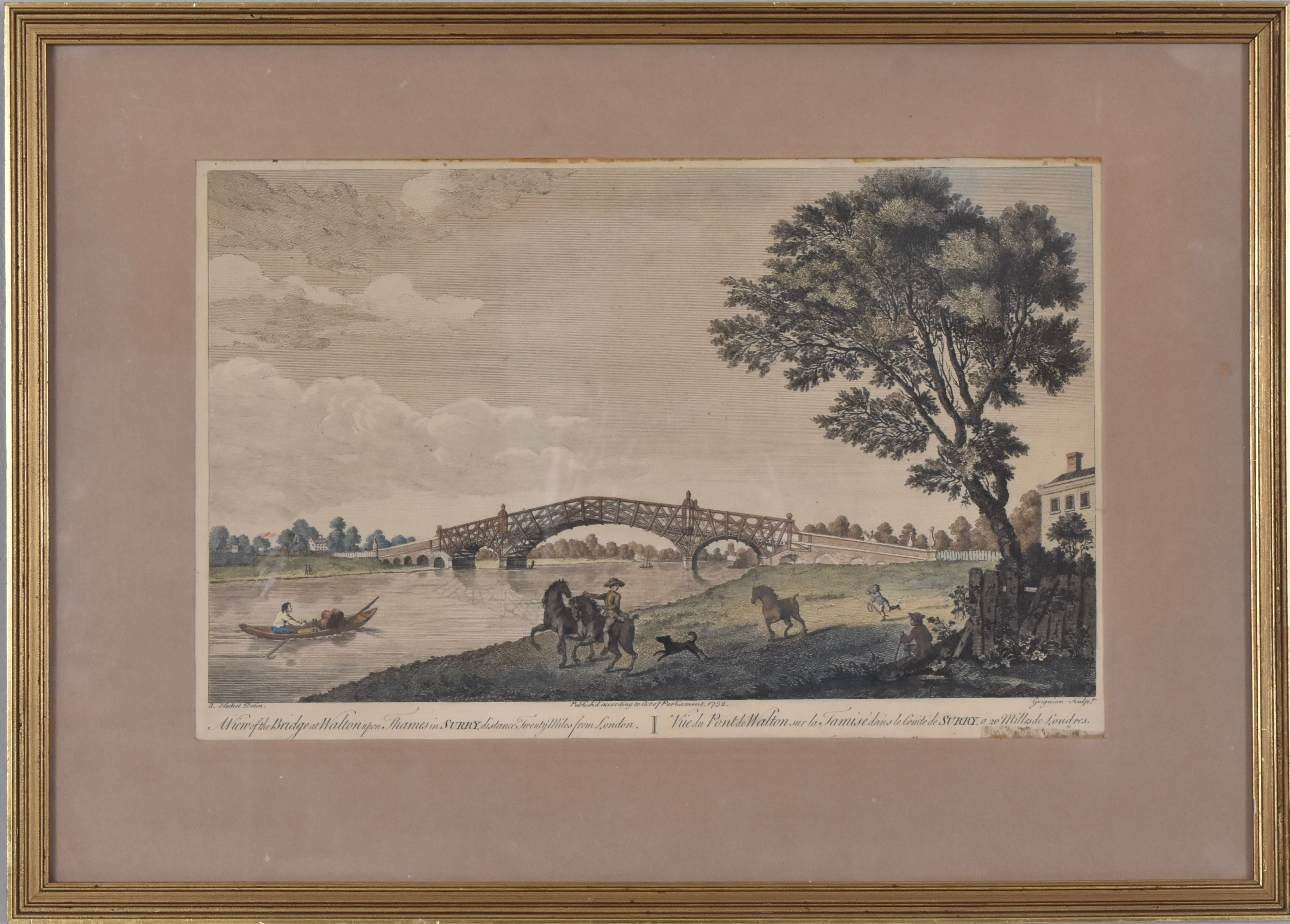 AUGUSTIN HECKEL. EFTER. kopparstick, handkolorerat, "A View of the Bridge at Walton-upon-Thames in Surry".