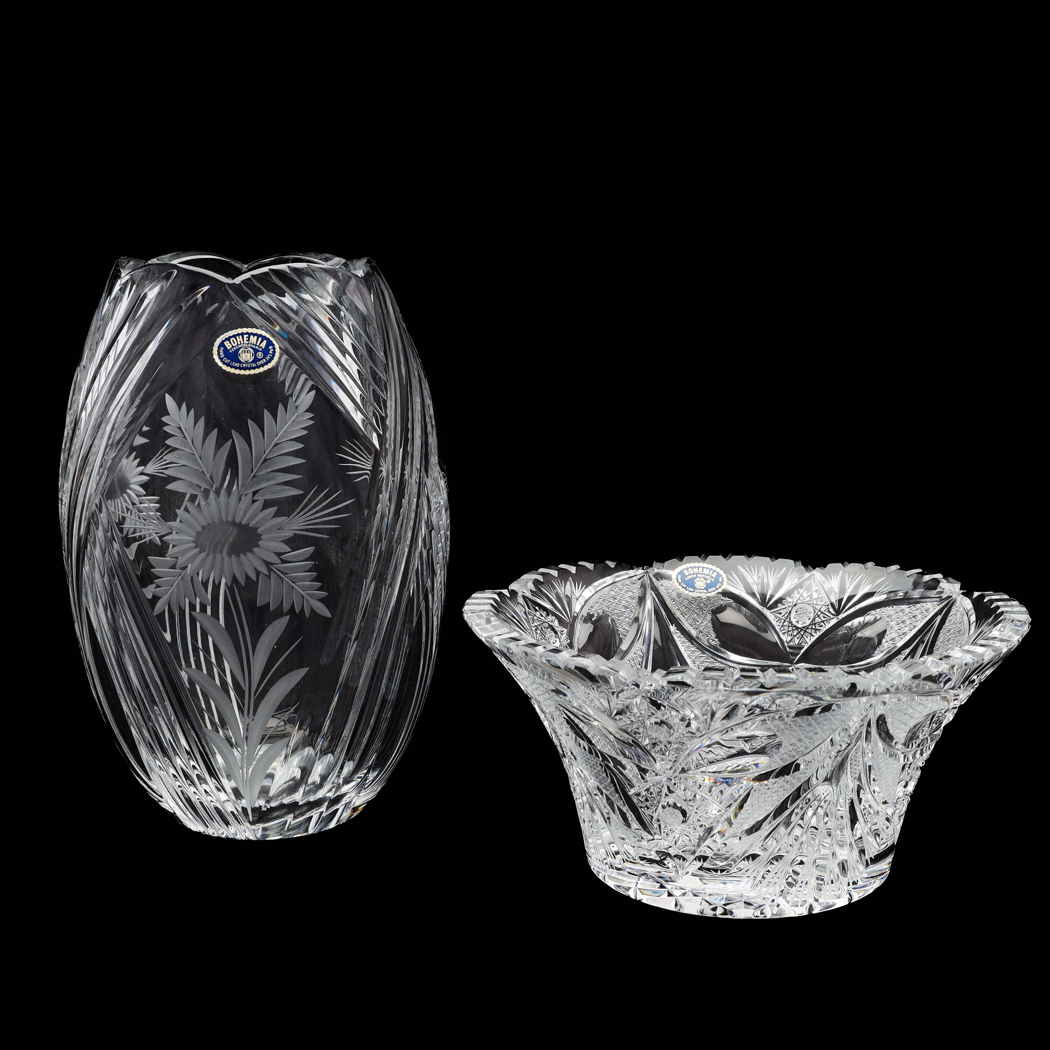 VAS samt SKÅL, 2 delar, böhmisk kristall, Bohemia, Tjeckoslovakien.