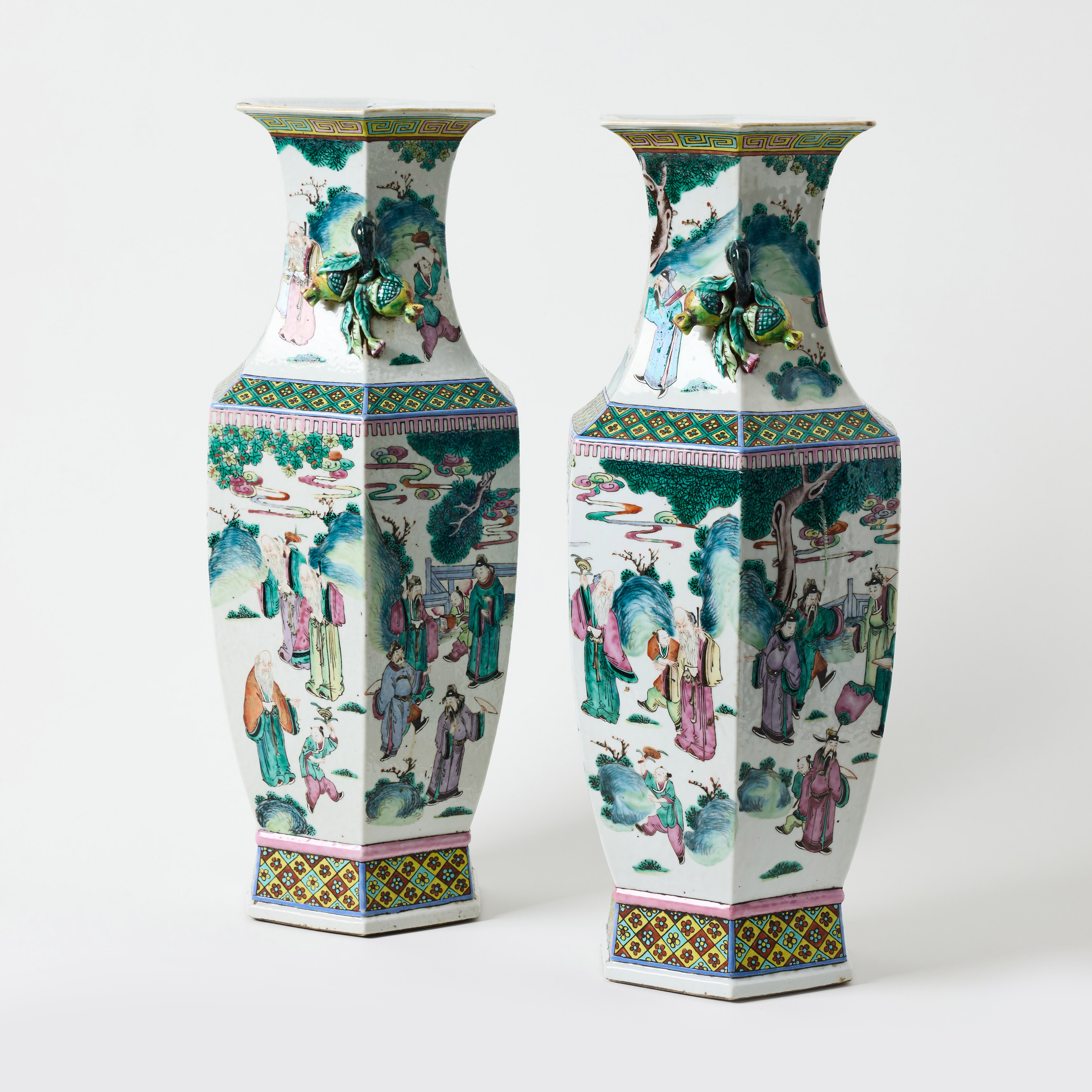 A Pair of Chinese Polychrome Decorated Hexagonal Vases.