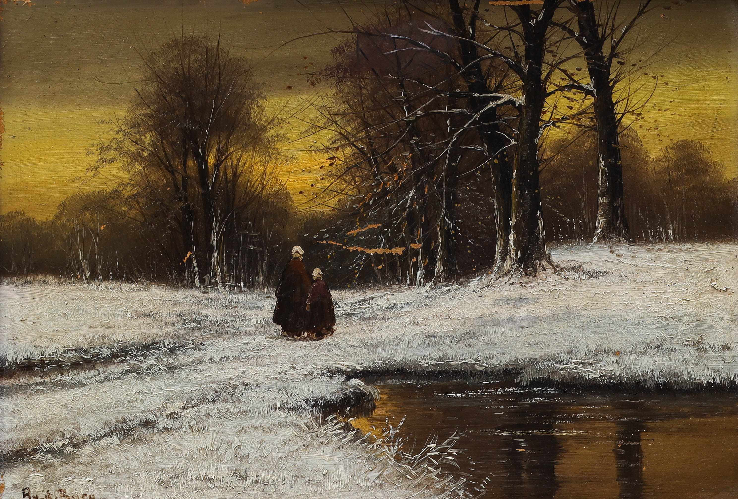 OIDENTIFIERAD KONSTNÄR. olja på pannå, vandring i vinterlandskap, signerad.