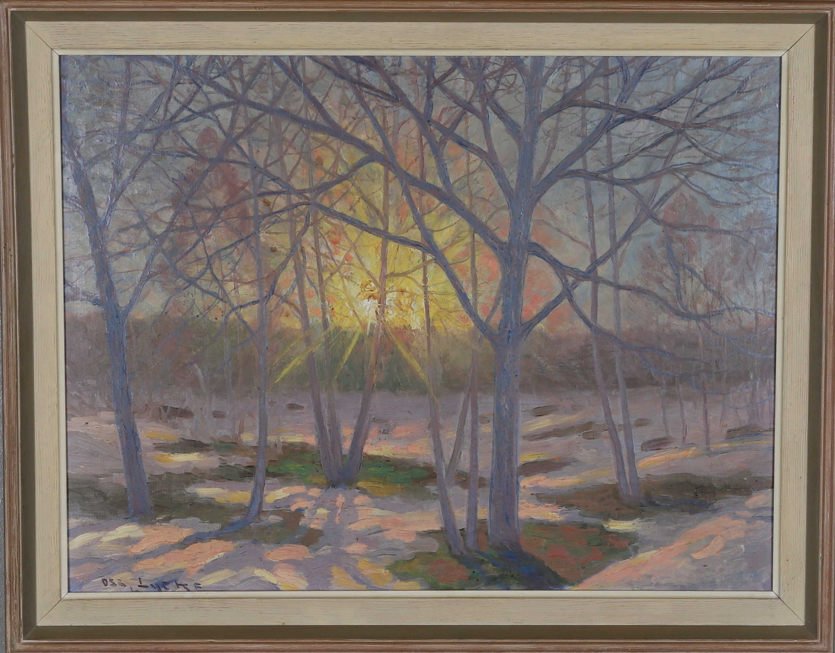 OSCAR LYCKE. (1877-1927), Olja på pannå, "Aprilkväll", signerad.