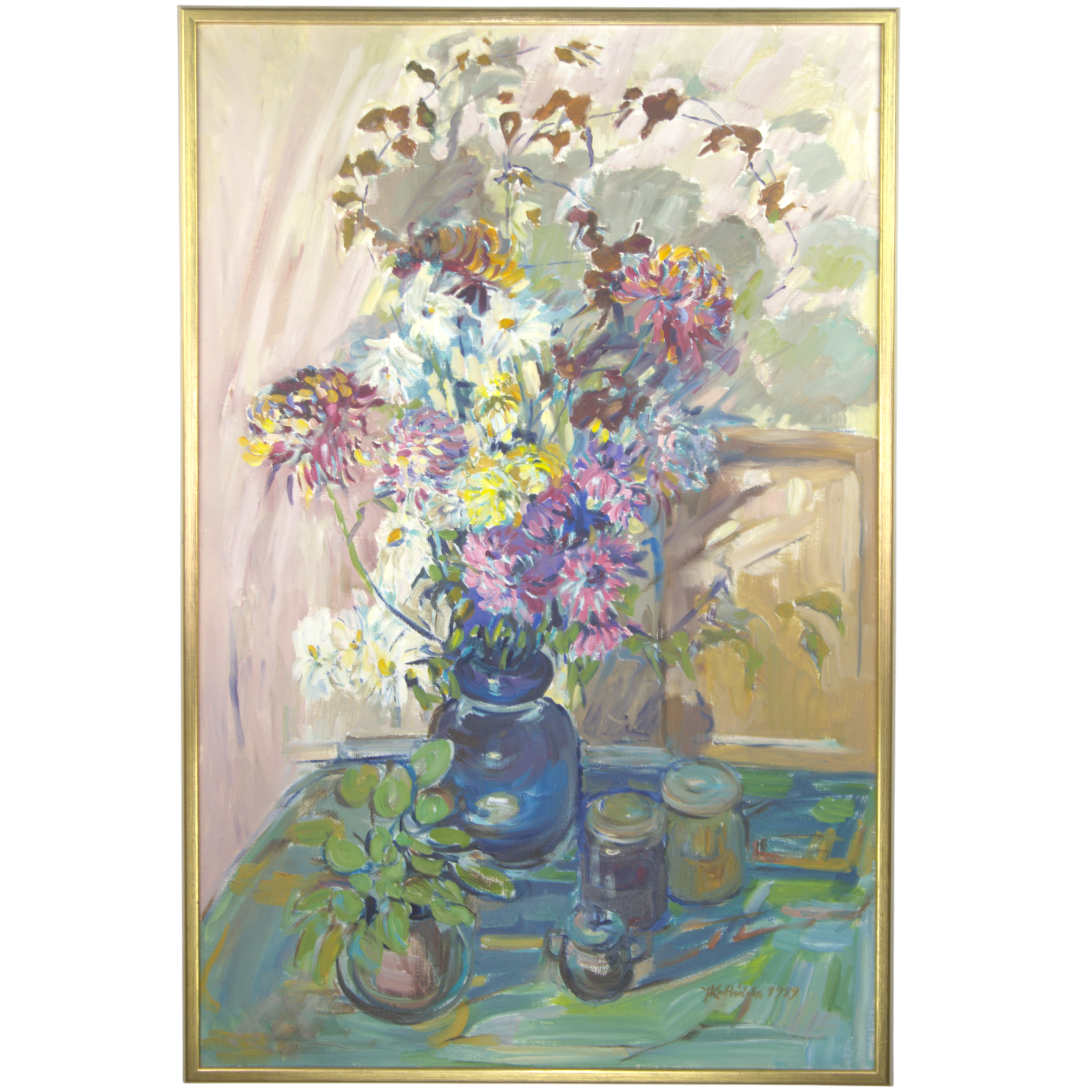 OIDENTIFIERAD KONSTNÄR. Olja på duk, stilleben med blommor och burkar på bord, otydlig signatur.