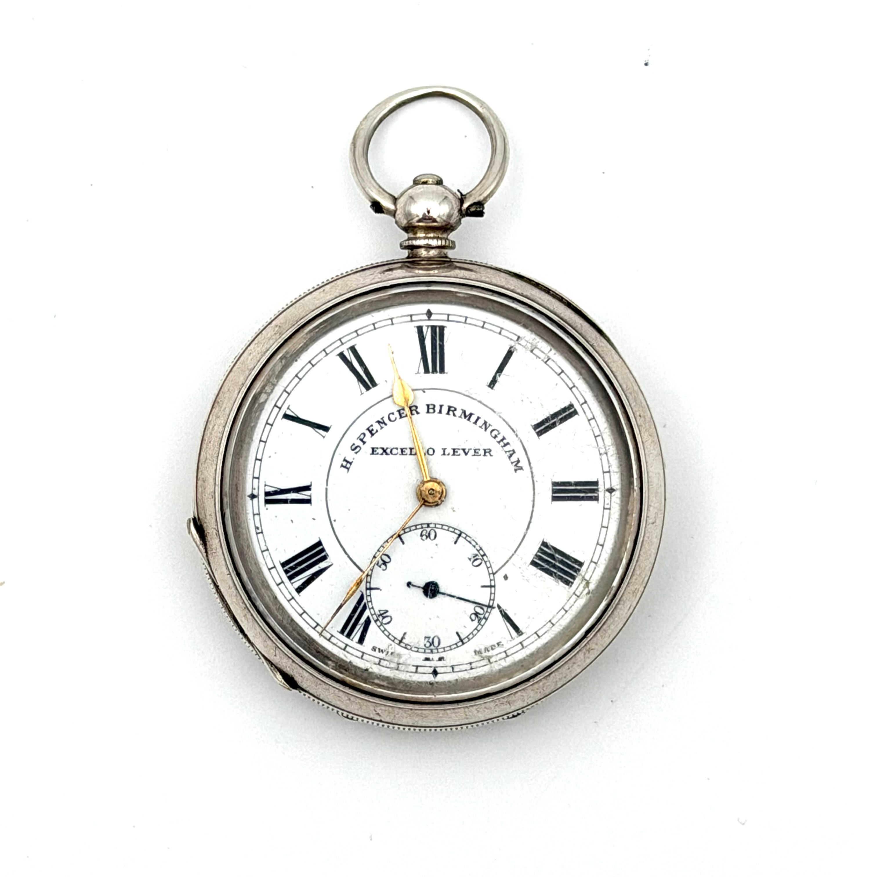 FICKUR, England, "Excello Lever", nyckeldragare, subsekund, boett och innerboett i silver/925, urtavla med romerska siffror märkt H. Spencer Birmingham / Excello Lever, fasettslipat glas.